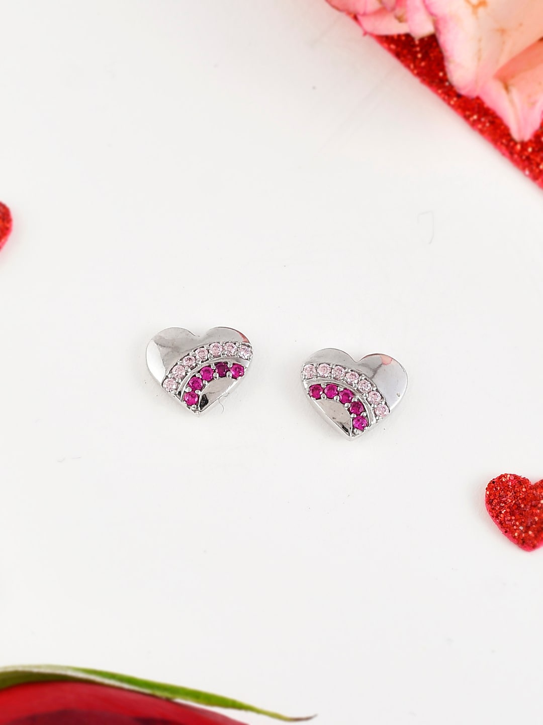 

Studio Voylla 925 Sterling Silver Heart Shaped Studs Earrings, Pink