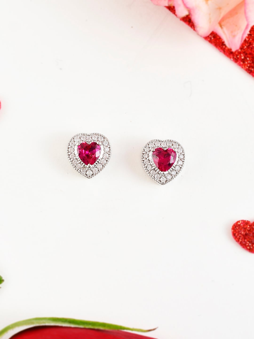 

Studio Voylla 925 Sterling Silver Heart Shaped Studs Earrings, Pink