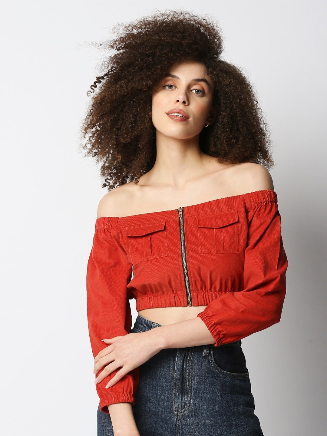 

Disrupt Off-Shoulder Bardot Corduroy Crop Top, Rust