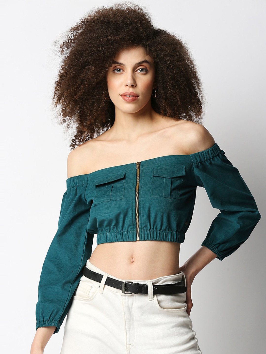 

Disrupt Off-Shoulder Bardot Corduroy Crop Top, Green