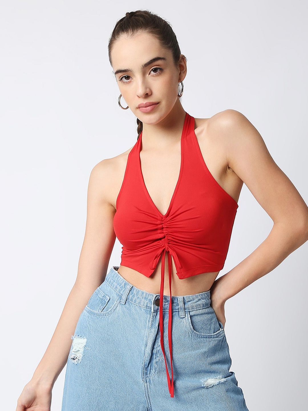 

Disrupt Halter Neck Ruched Crop Top, Red