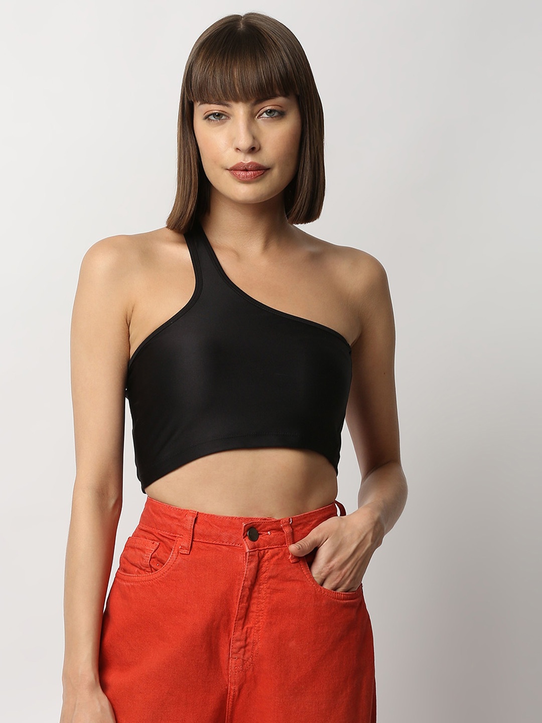 

Disrupt One Shoulder Fitted Crop Top, Black