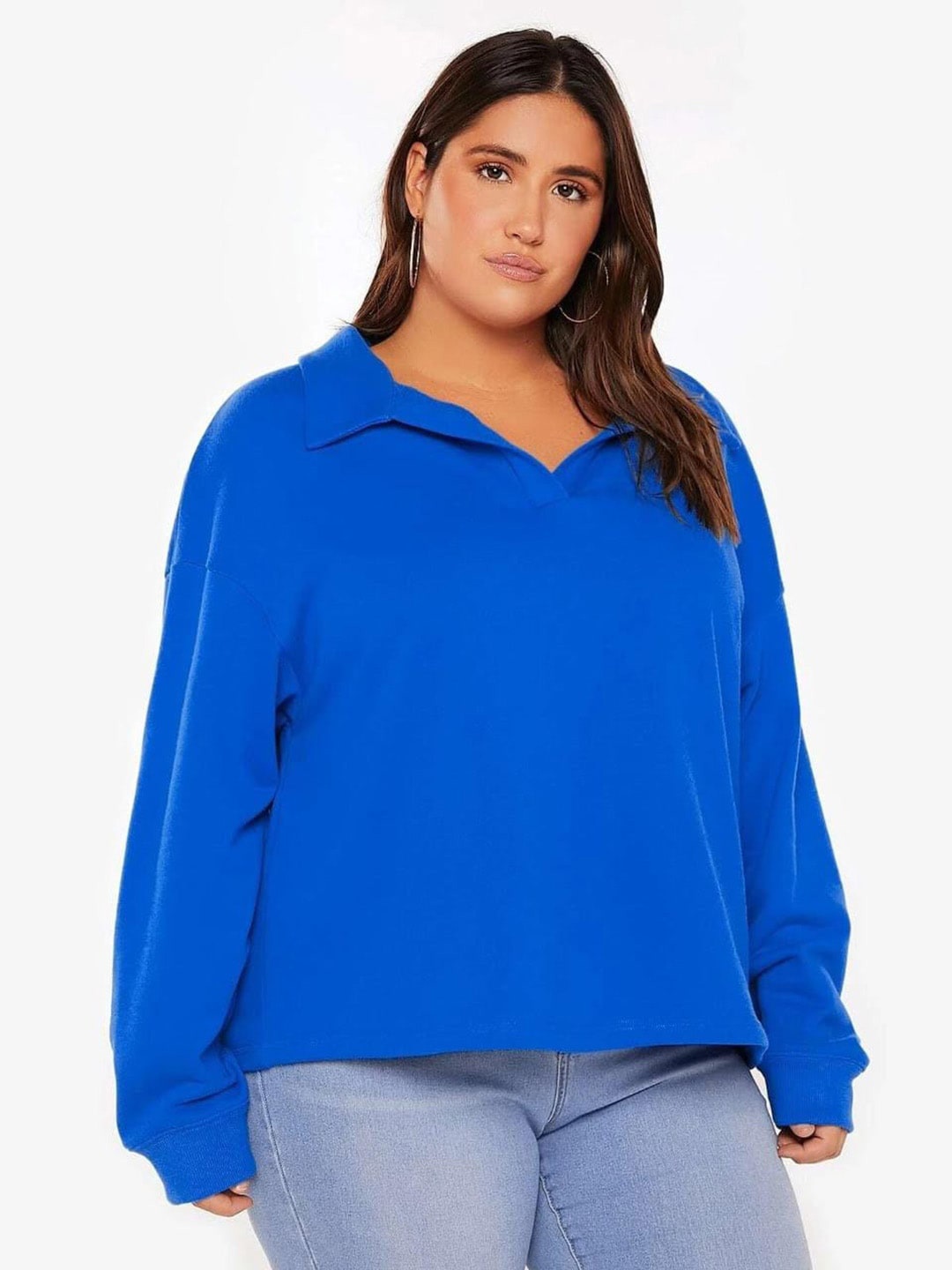 

Kotty Plus Size Shirt Collar Drop Shoulder Fleece Sweatshirt, Blue