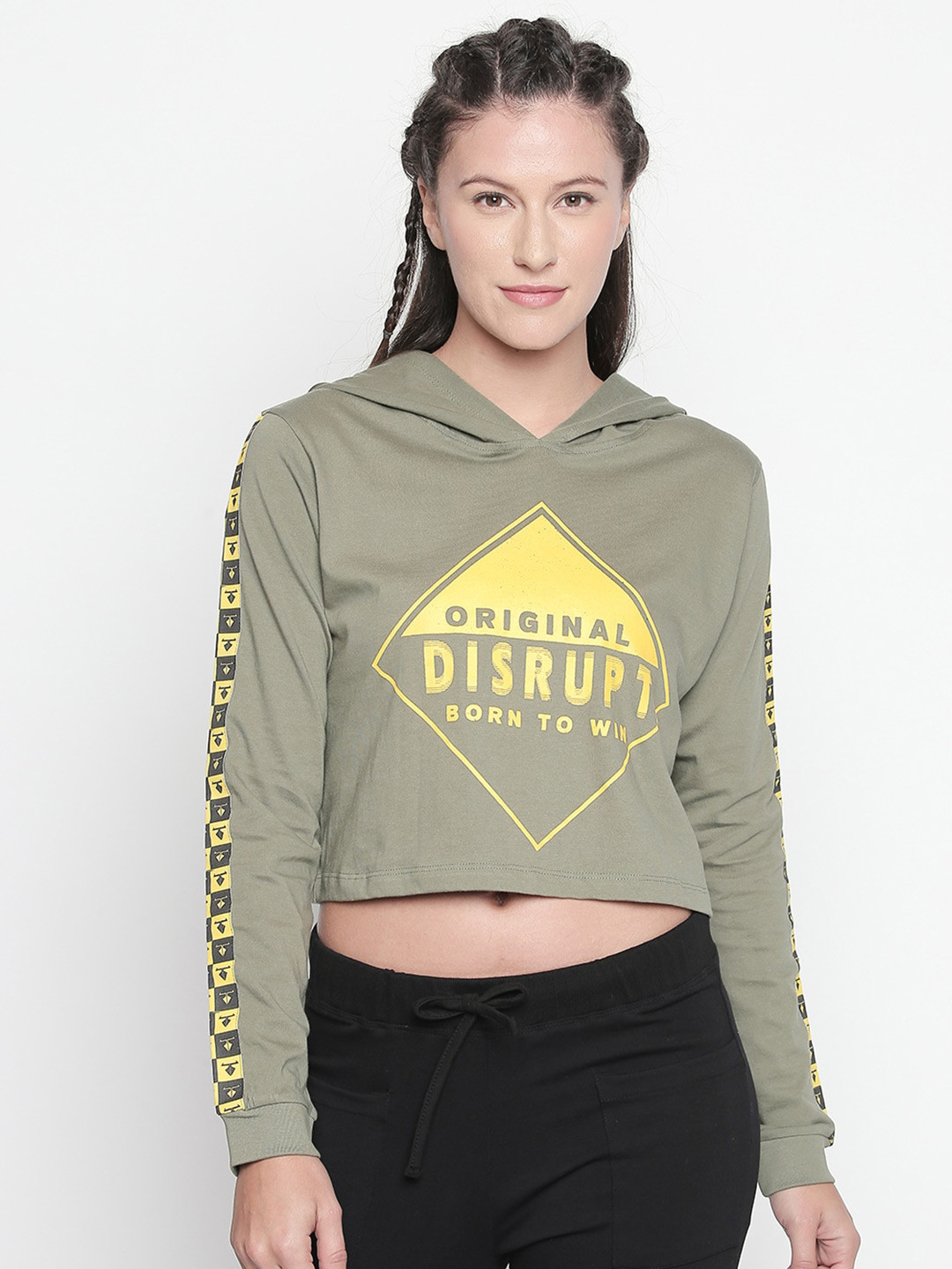 

Disrupt Typography Printed Hooded Cotton Crop Sweatshirt, Olive