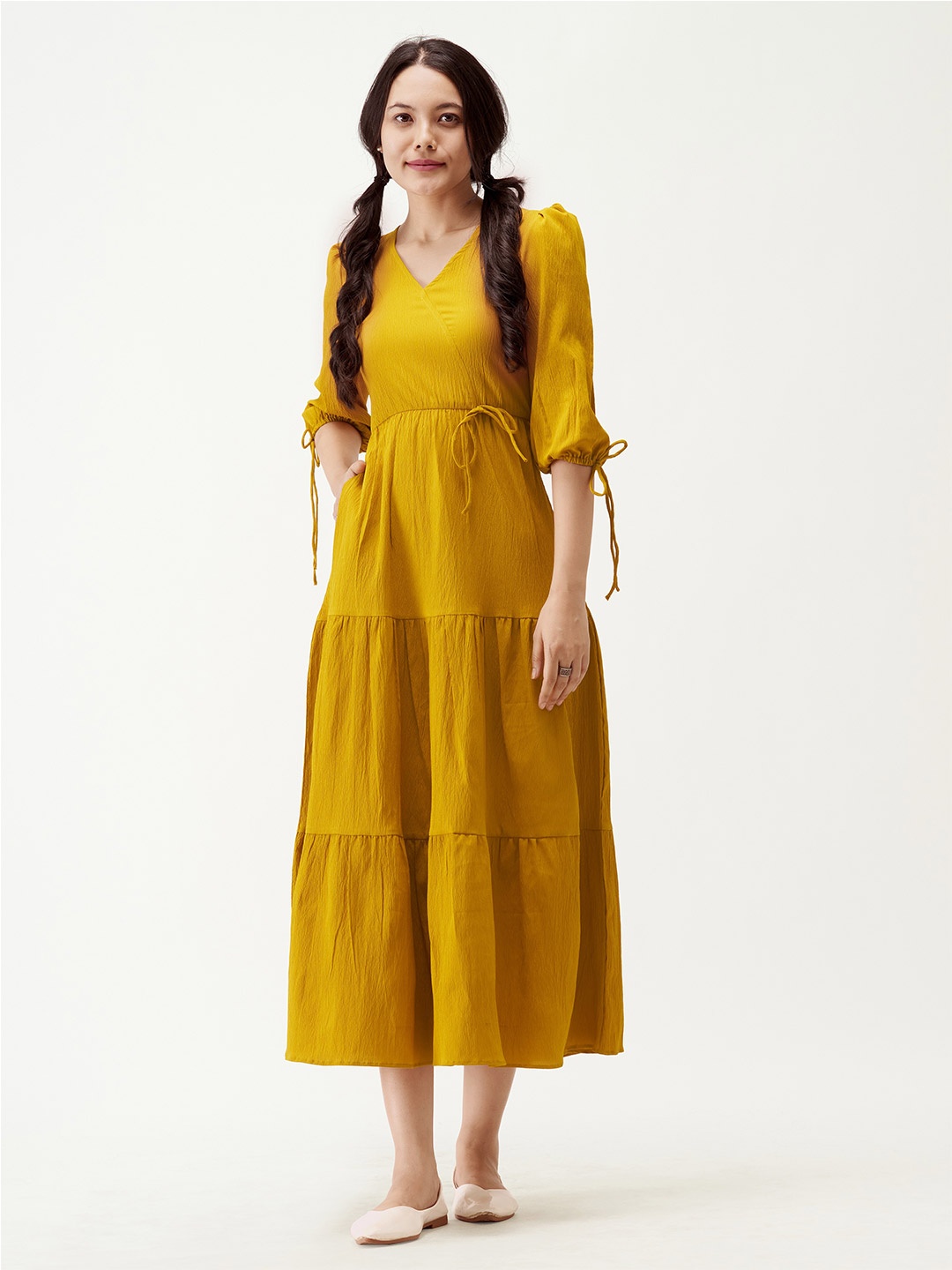 

AASK Puff Sleeves Tie-Up Detail Tiered Maxi A-Line Dress, Mustard