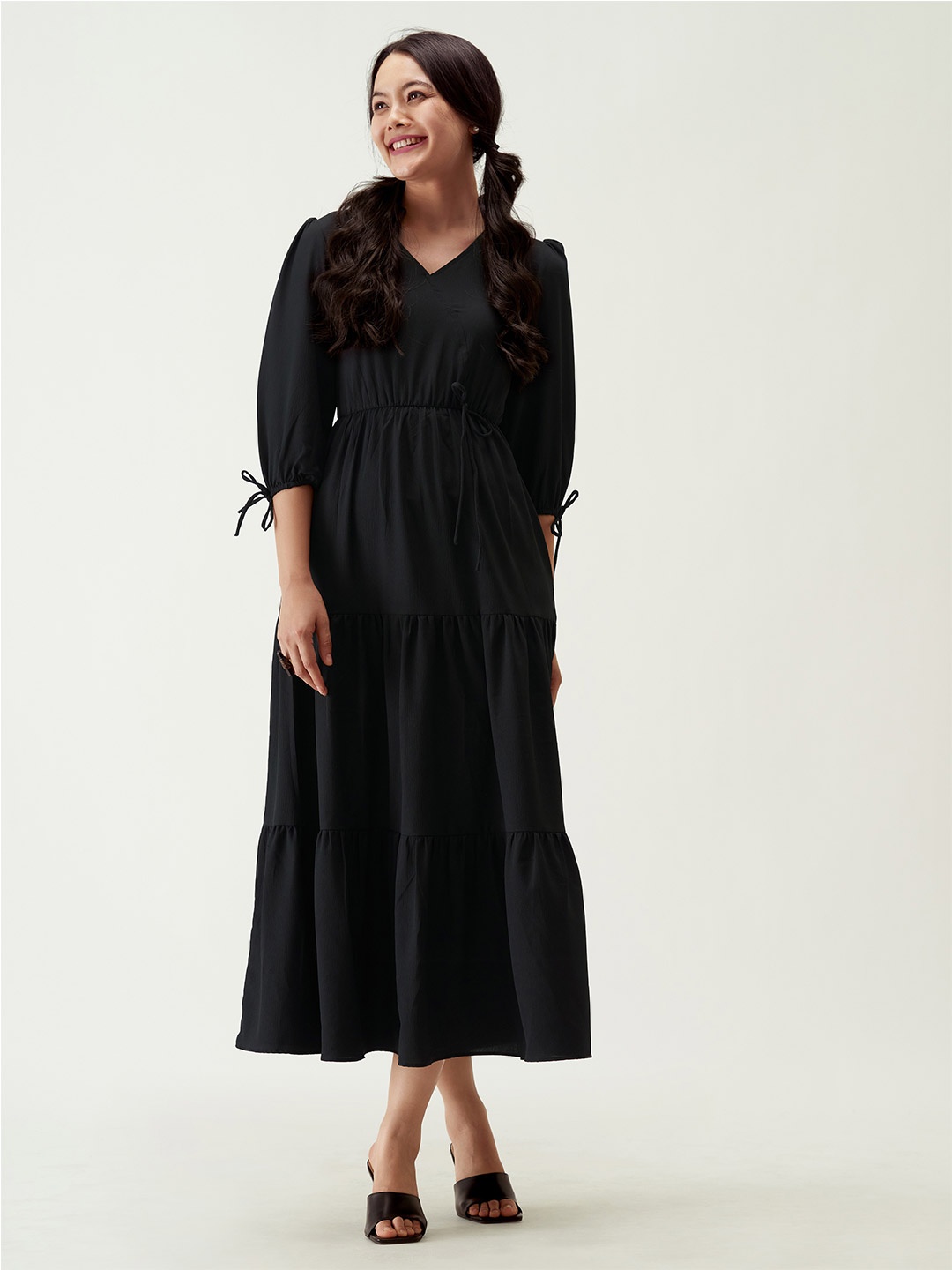 

AASK Puff Sleeves Tie-Up Detail Tiered Maxi A-Line Dress, Black