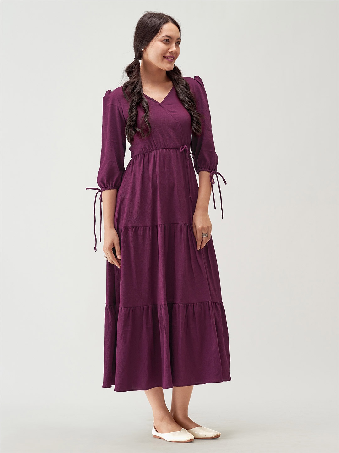 

AASK Puff Sleeves Tie-Up Detail Tiered Maxi A-Line Dress, Purple