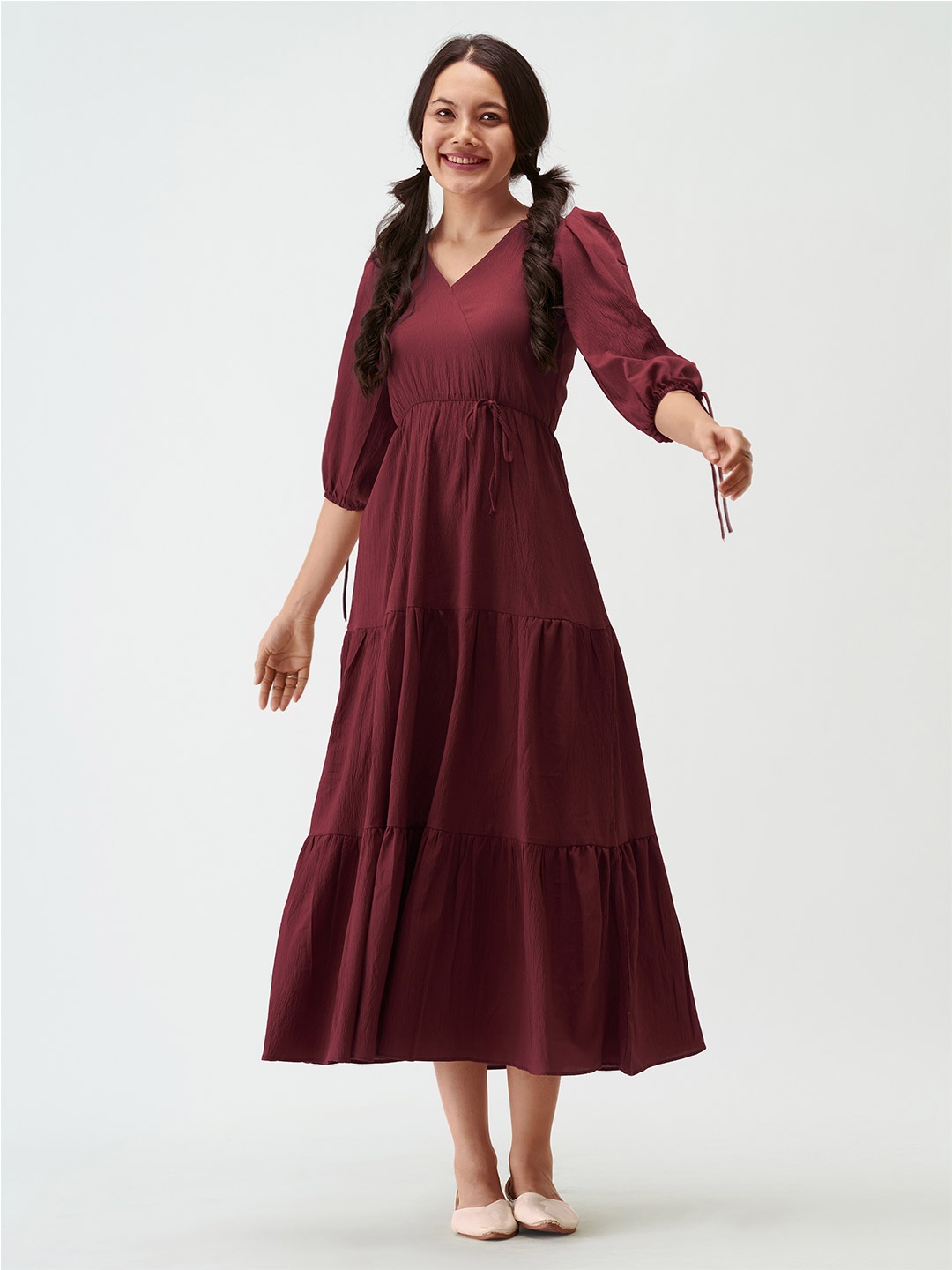 

AASK Puff Sleeves Tie-Up Detail Tiered Maxi A-Line Dress, Maroon