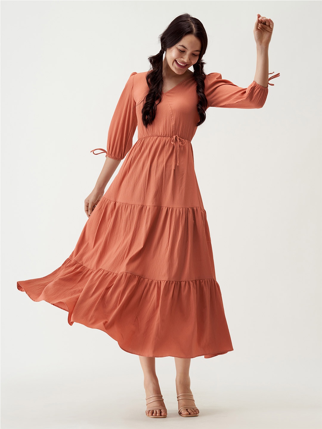 

AASK Puff Sleeves Tie-Up Detail Tiered Tiered Maxi A-Line Dress, Rust