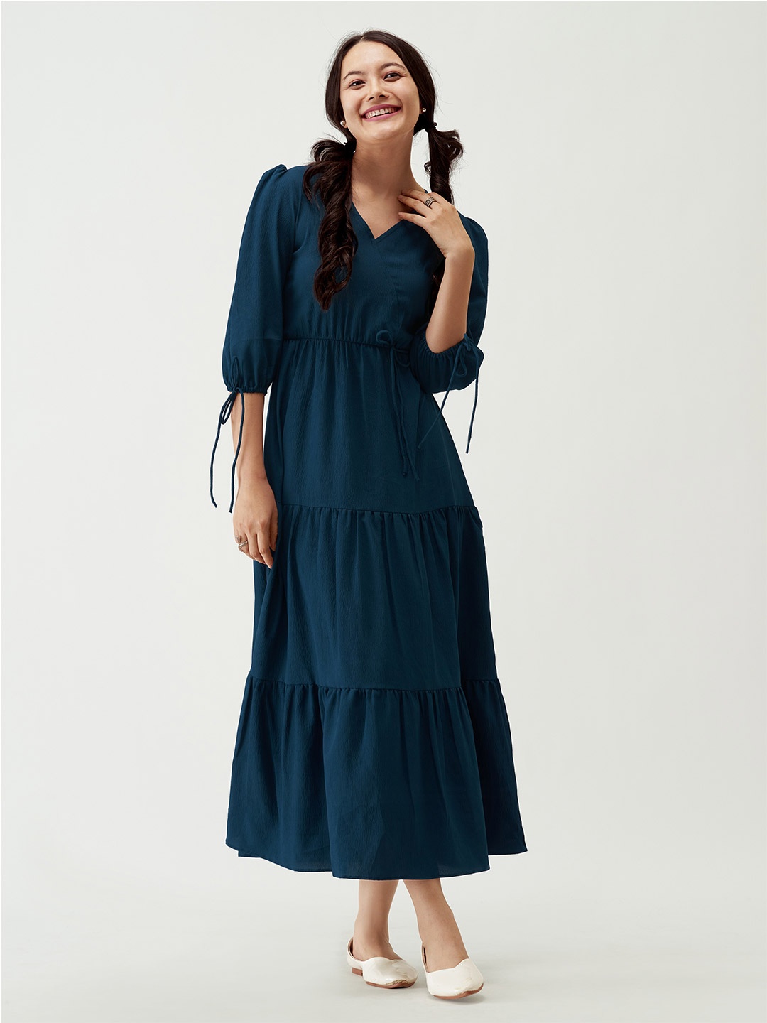 

AASK Puff Sleeves Tie-Up Detail Tiered Maxi A-Line Dress, Navy blue