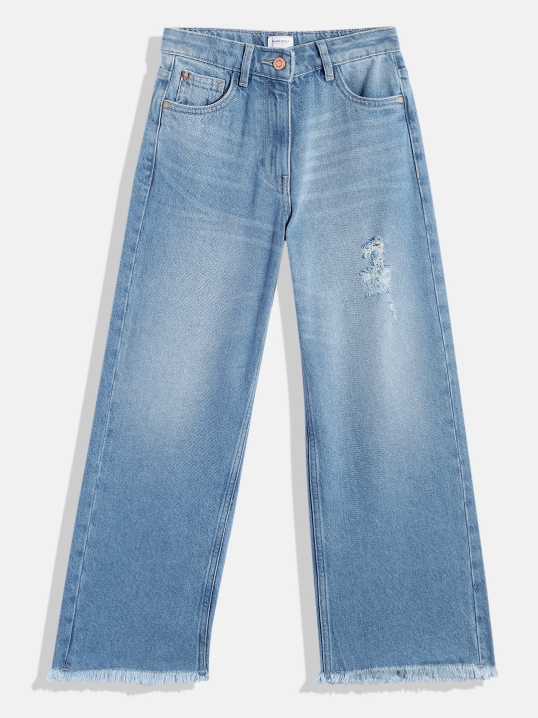 

Allen Solly Junior Girls Slim Fit Pure Cotton Mildly Distressed Heavy Fade Frayed Jeans, Blue