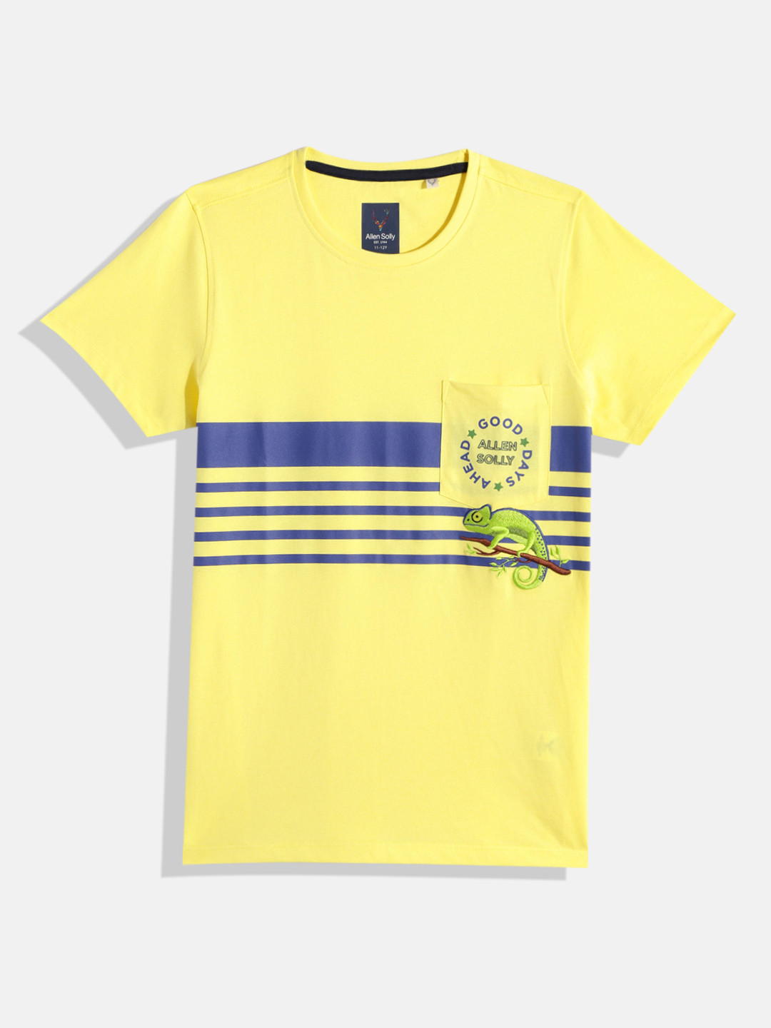 

Allen Solly Junior Boys Striped Pure Cotton T-shirt with Pocket & Embroidery, Yellow
