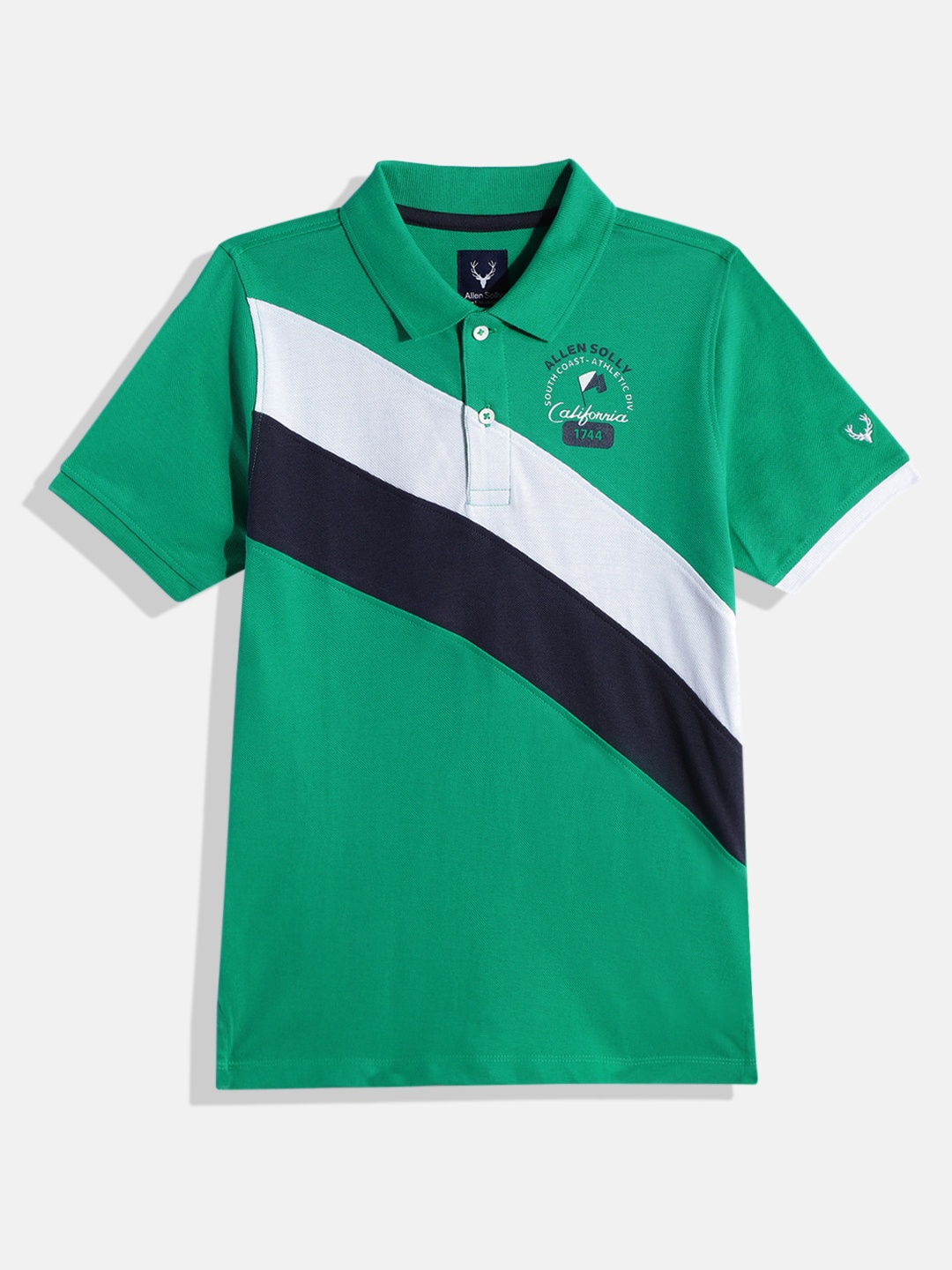 

Allen Solly Junior Boys Placement Stripes Polo Collar Pure Cotton T-shirt, Green