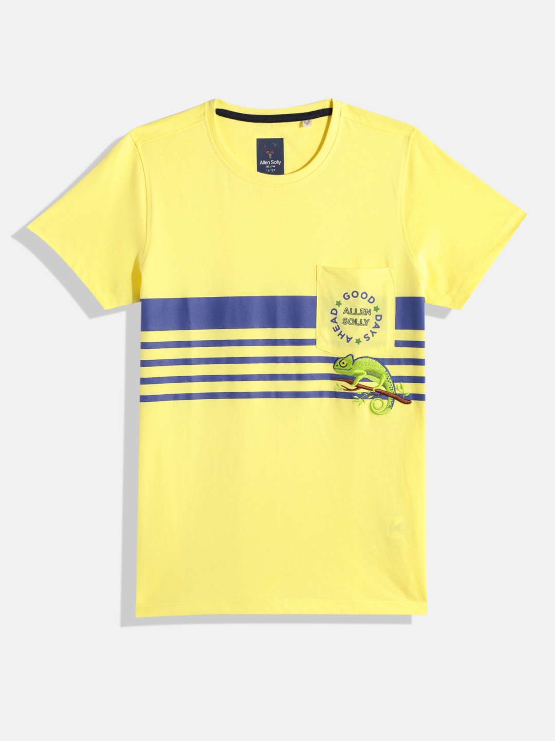 

Allen Solly Junior Boys Striped Pure Cotton T-shirt with Pocket & Embroidery, Yellow