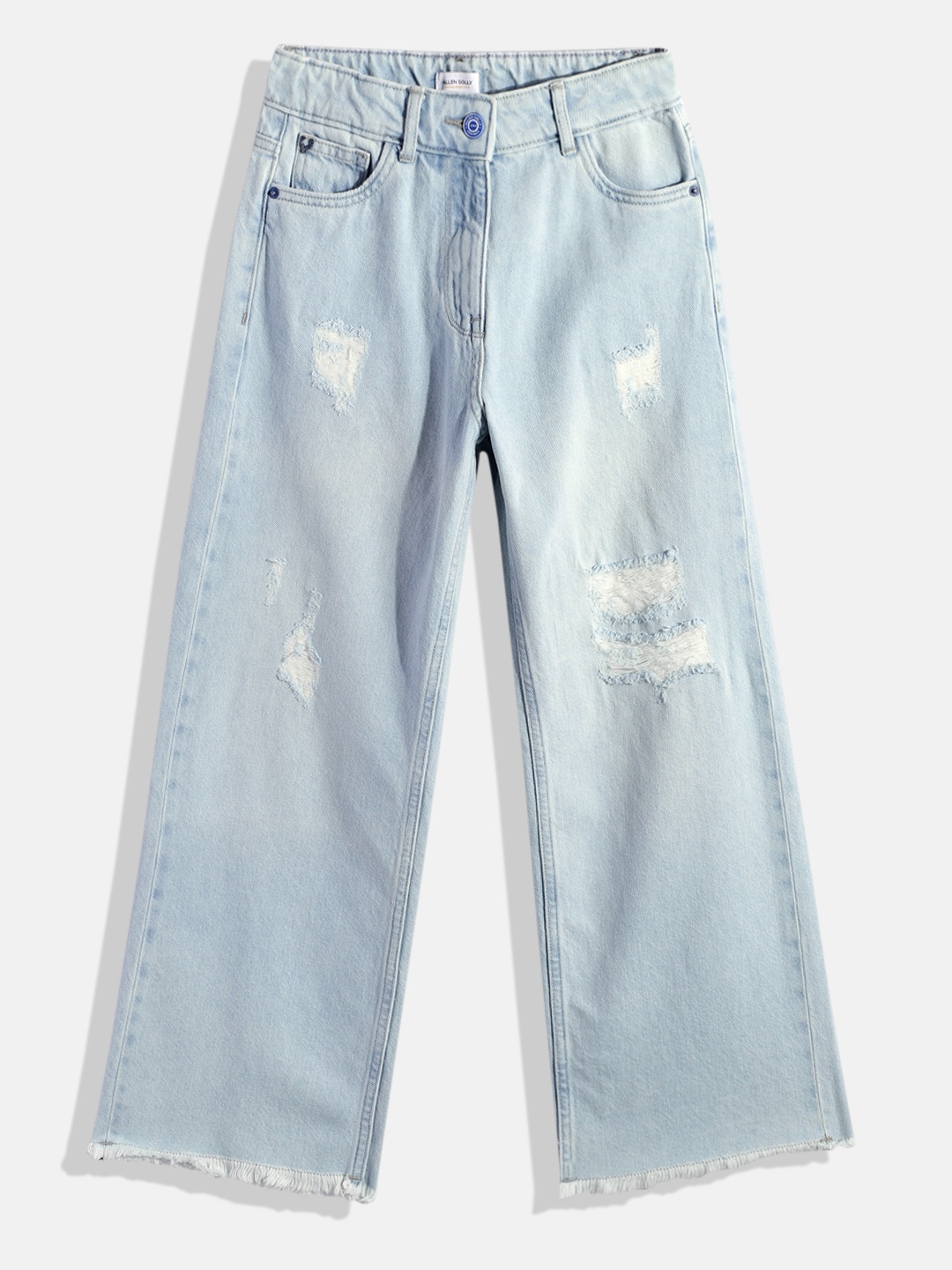 

Allen Solly Junior Girls Highly Distressed Light Fade Regular Fit Pure Cotton Jeans, Blue