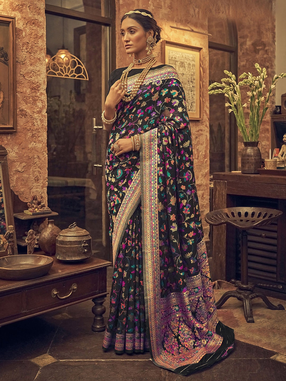 

Satrani Floral Woven Design Zari Paithani Saree, Black