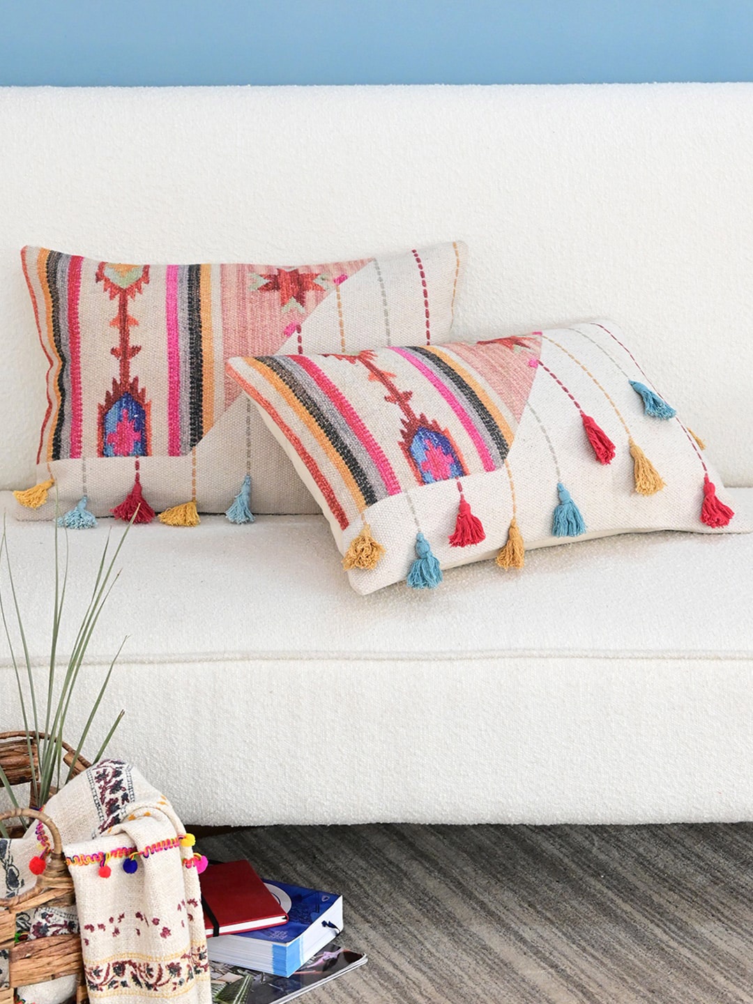 

Art Avenue Cream-Coloured & Blue Embroidered Cotton Rectangle Cushion Cover