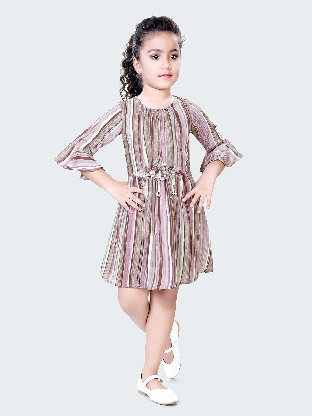 

Hunny Bunny Girls Bell Sleeves Striped Fit and Flare Dress, Pink