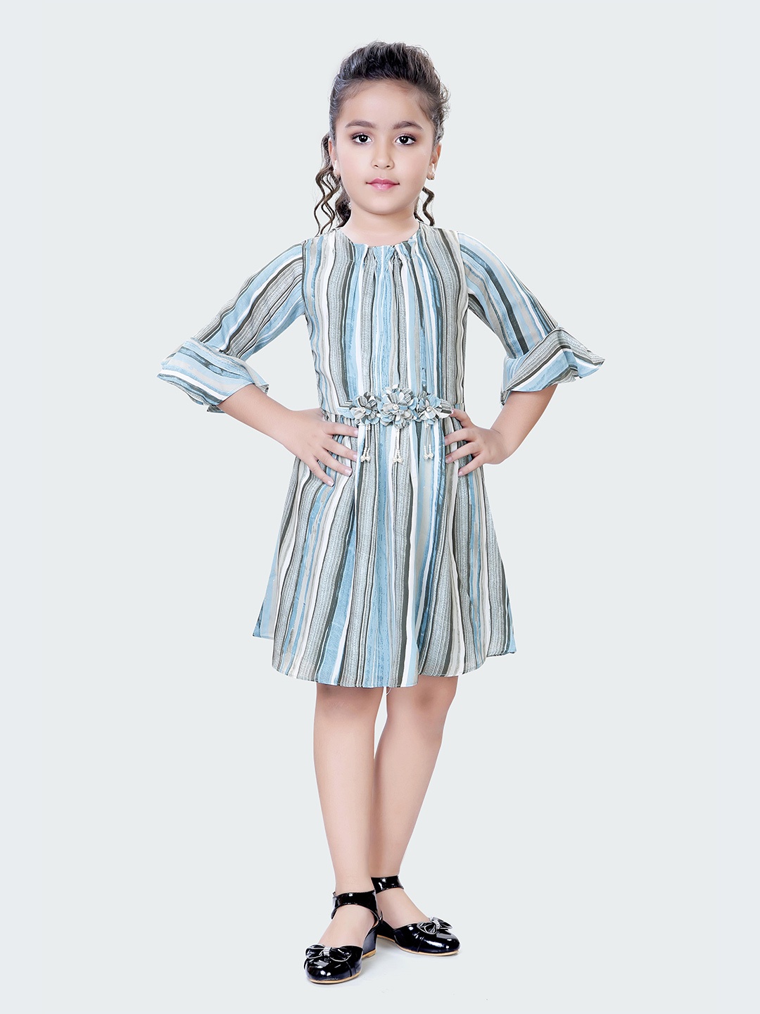 

Hunny Bunny Bell Sleeves Striped Fit & Flared Dress, Blue