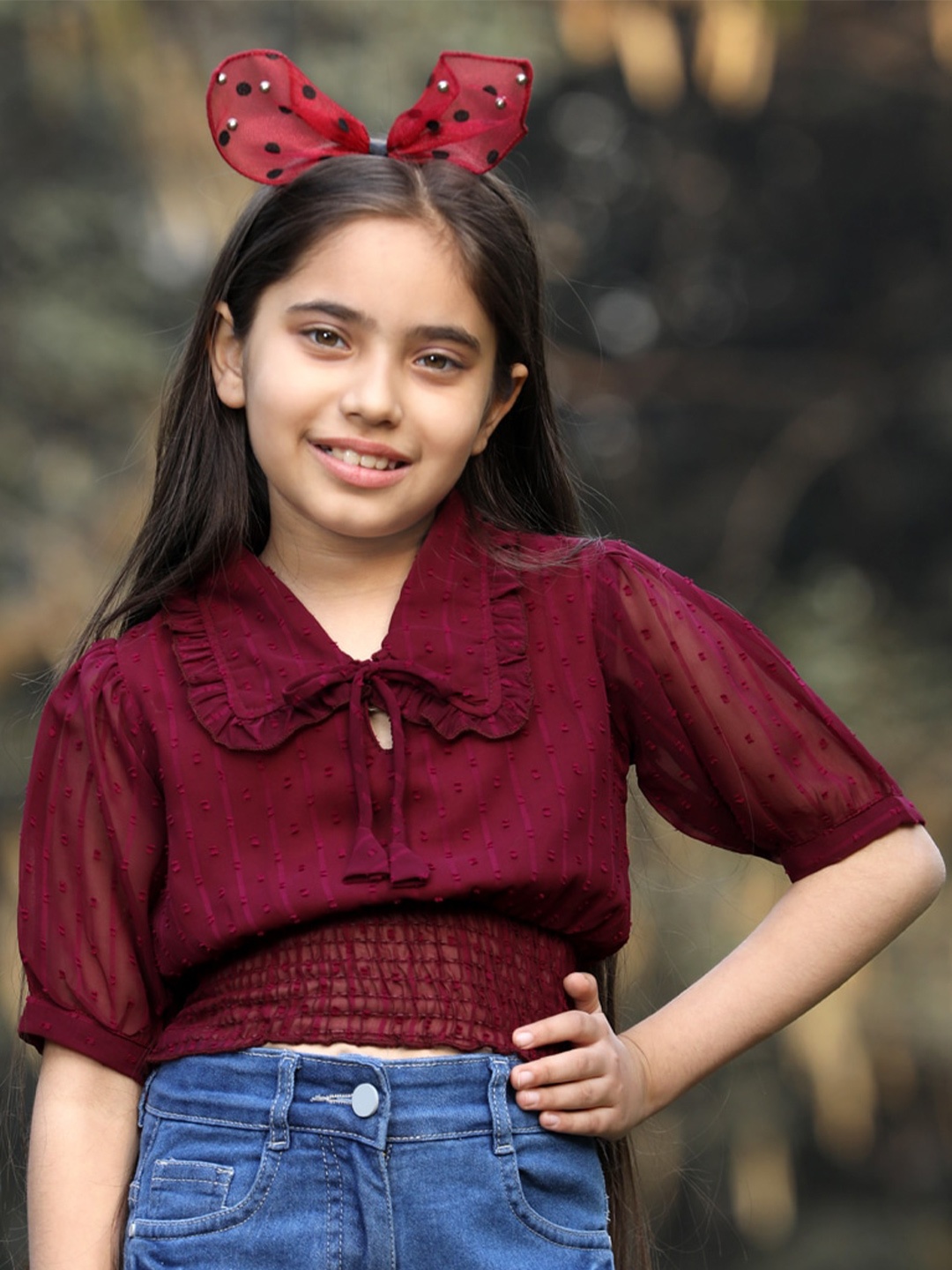 

Cutiekins Girls Self Design Peter Pan Collar Georgette Top, Maroon