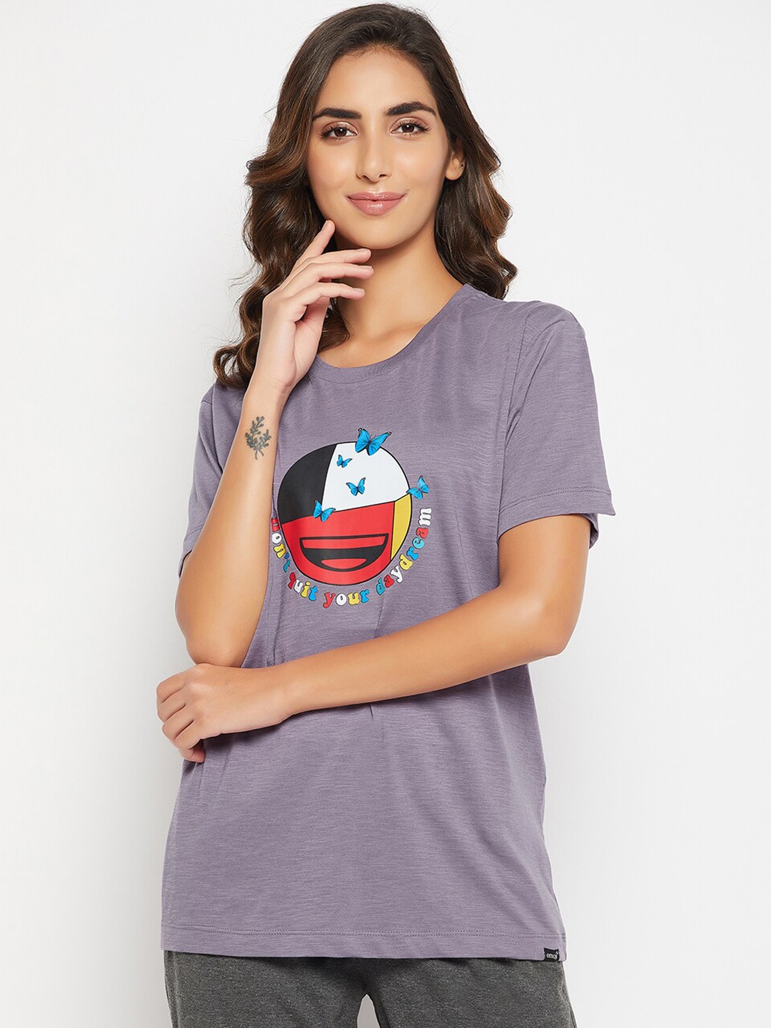 

Clovia Emoji Printed Pure Cotton Lounge T-shirt LT0124N15XXL, Purple