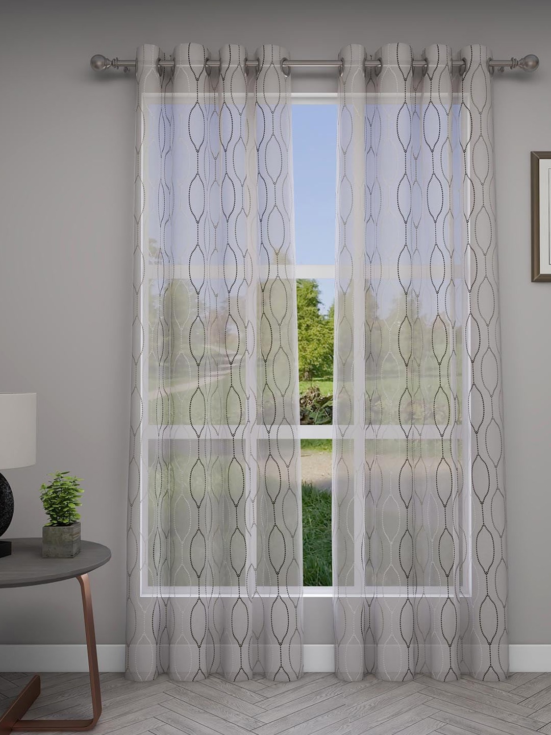 

GM Hana White & Grey 2 Pieces Geometric Sheer Door Curtain