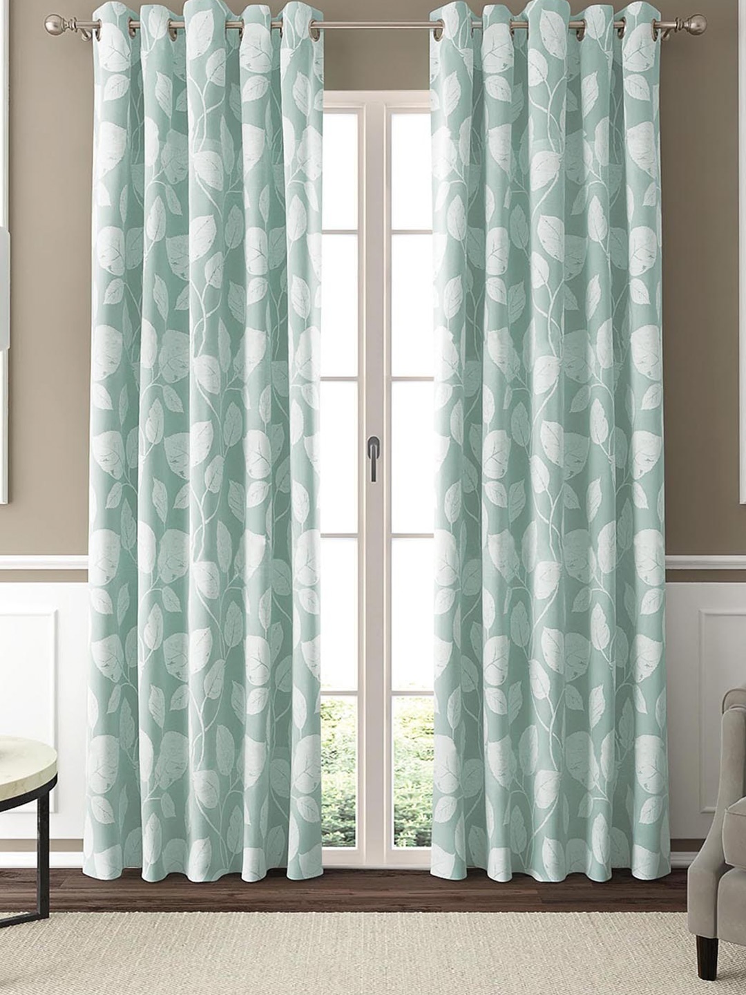 GM Arosa Sea Green & White 2 Pieces Floral Room Darkening Door Curtains