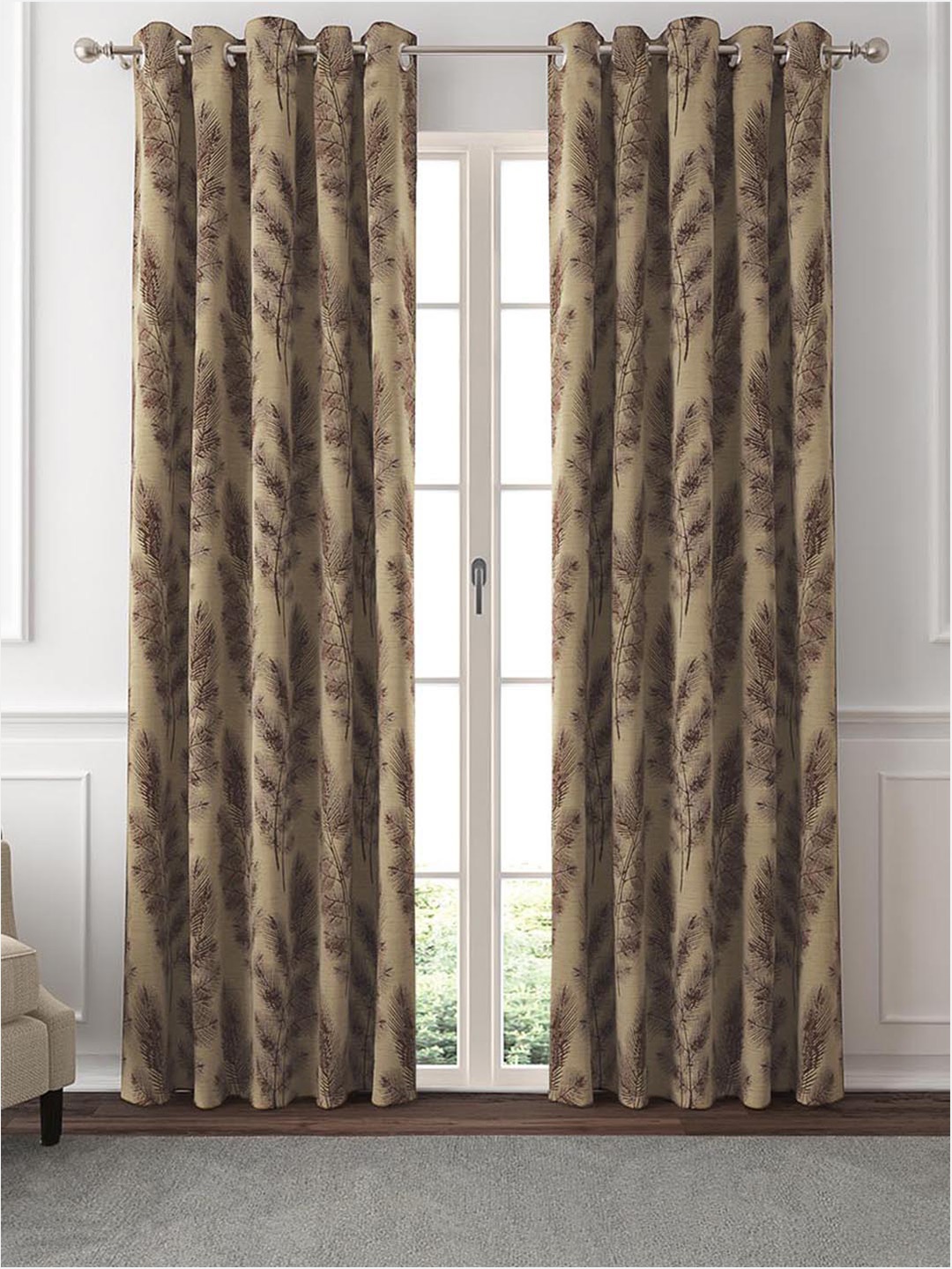 

GM Jasmin Coffee Brown & Beige 2 Pieces Floral Room Darkening Door Curtain