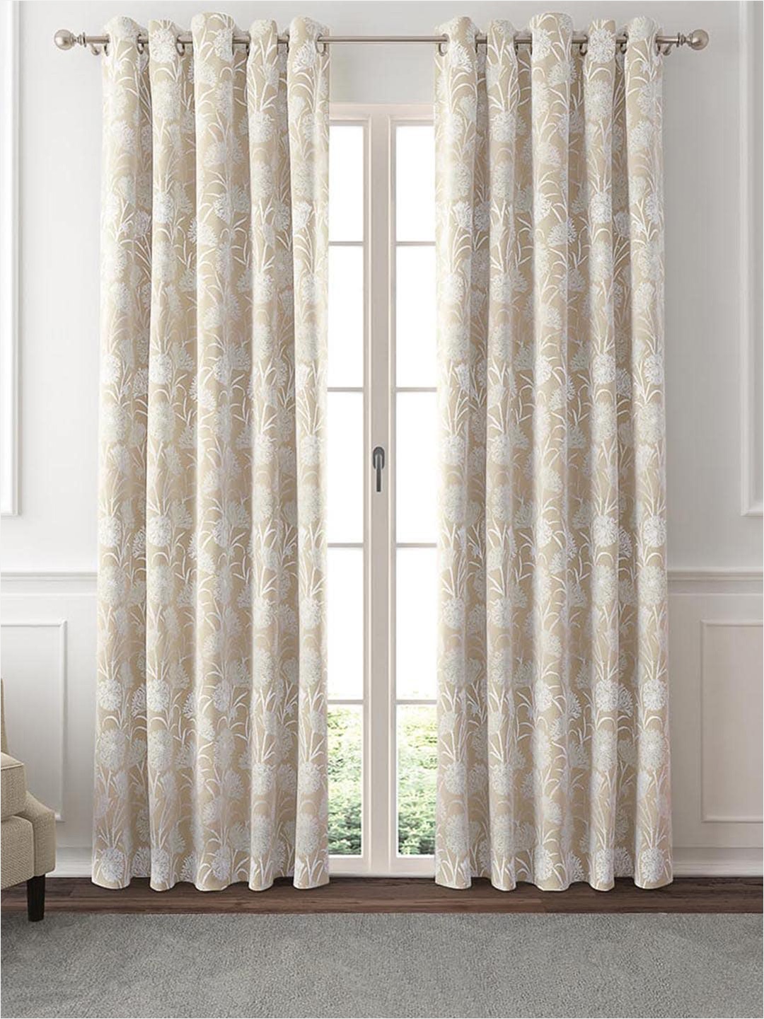 

GM Mirage Beige & White 2 Pieces Floral Room Darkening Door Curtain