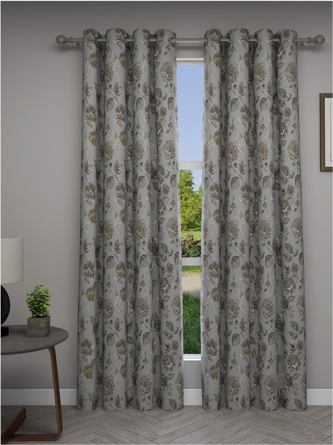 GM Skylight Grey & Green 2 Pieces Floral Room Darkening Door Curtain