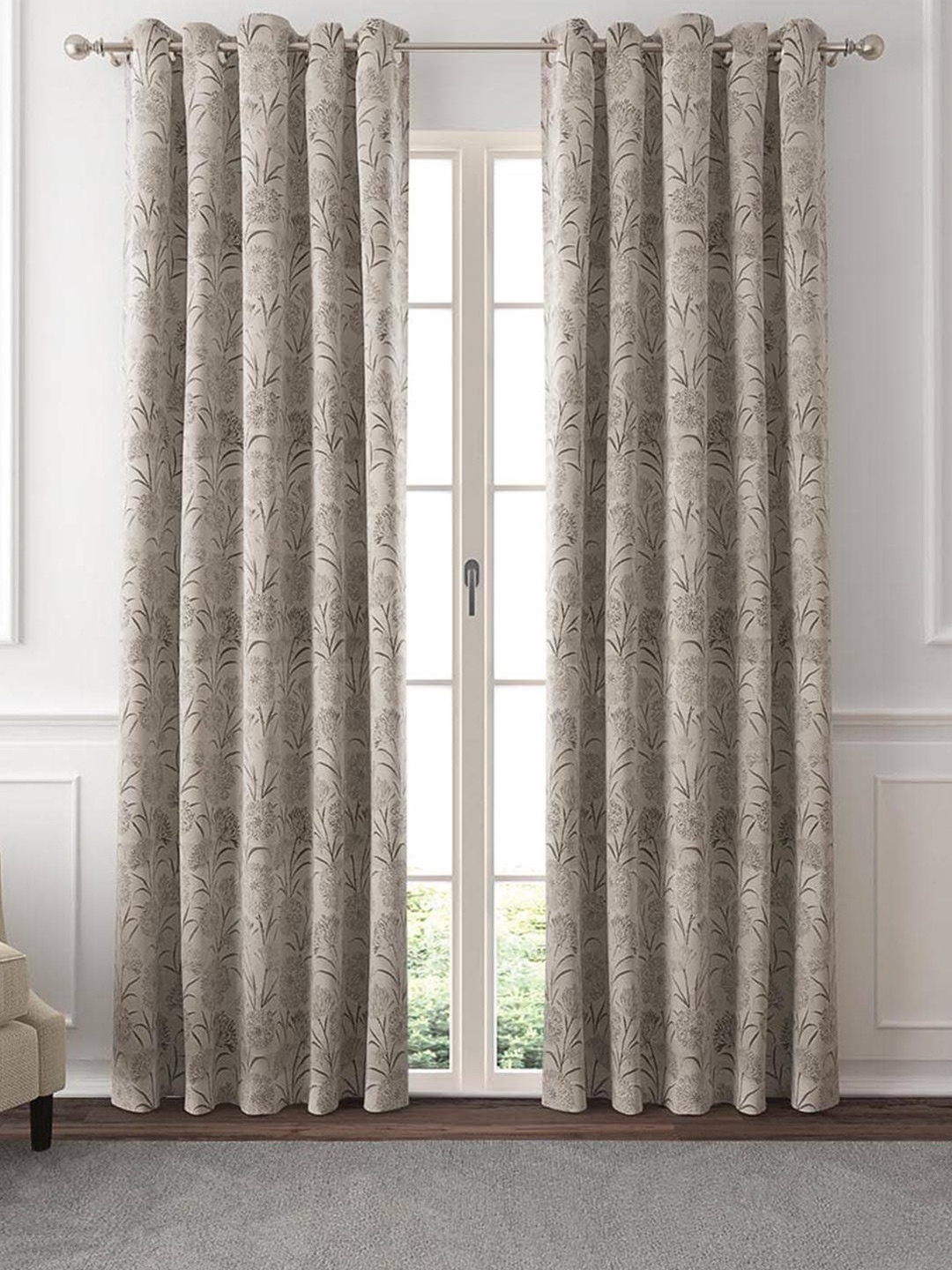 

GM Mirage Grey 2 Pieces Floral Room Darkening Door Curtains