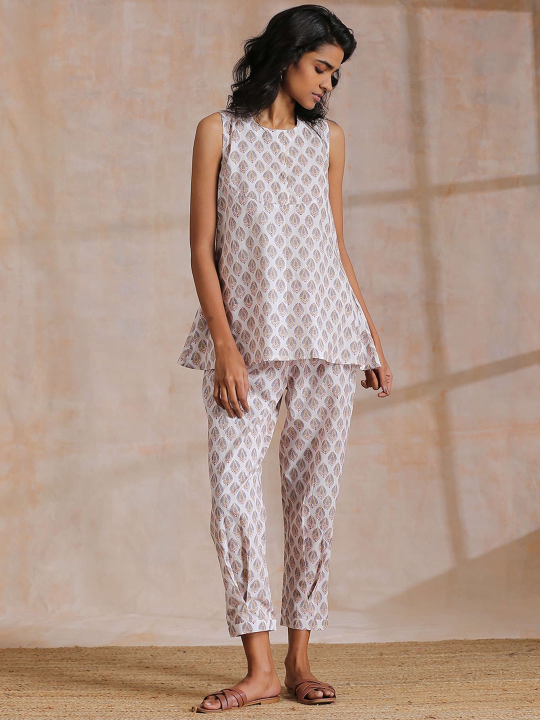 

trueBrowns Block Printed Cotton Tunic and Trouser Co-Ords, White