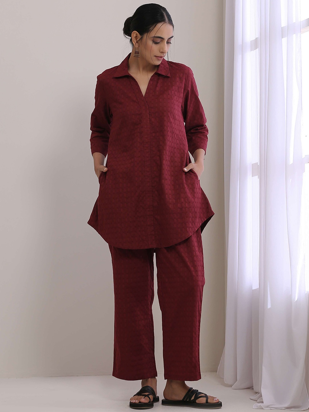 

trueBrowns Women Pure Cotton Tunic with Trousers Co-ords Set, Maroon