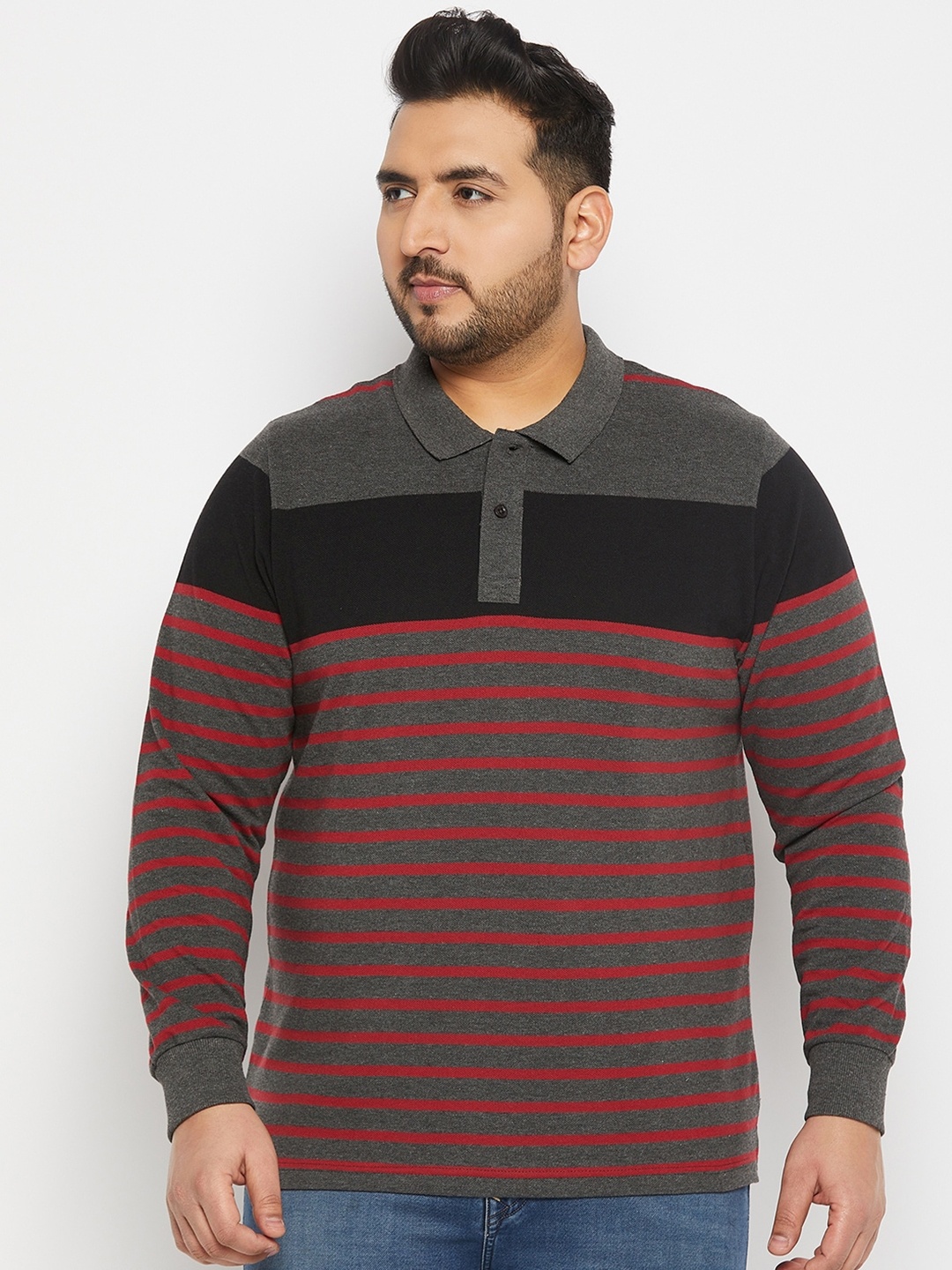 

AUSTIVO Striped Polo Collar T-shirt, Grey