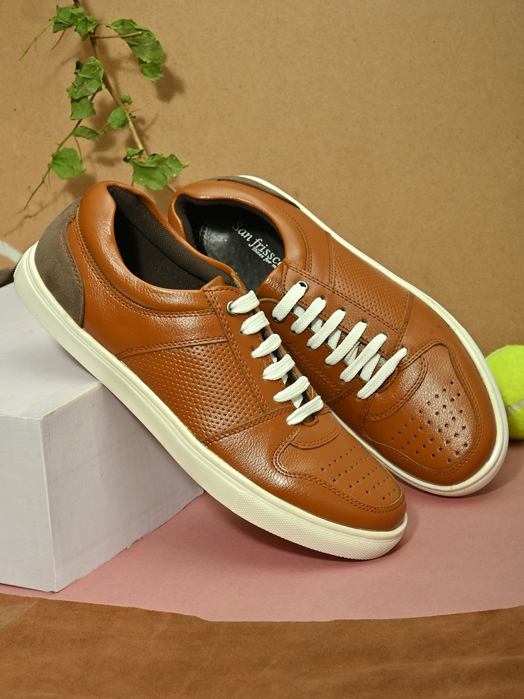 

San Frissco Men Textured Perforated Lightweight Leather Sneakers, Tan