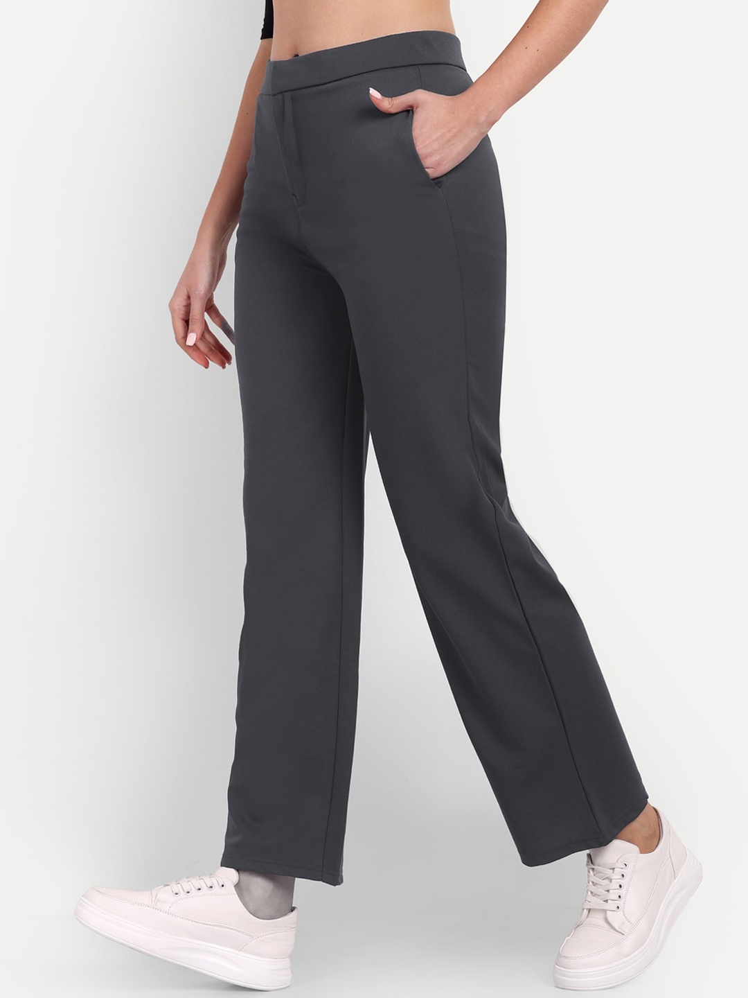 

Next One Women Relaxed Straight Fit High-Rise Easy Wash Parallel Trousers, Grey