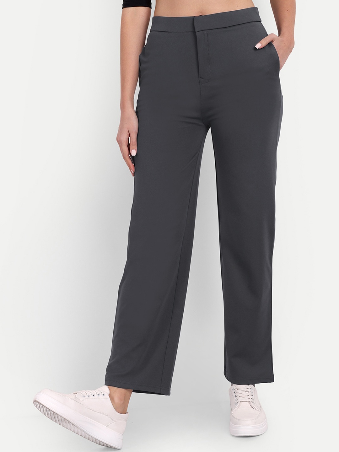 

Next One Women Relaxed Straight Fit High-Rise Easy Wash Parallel Trousers, Grey