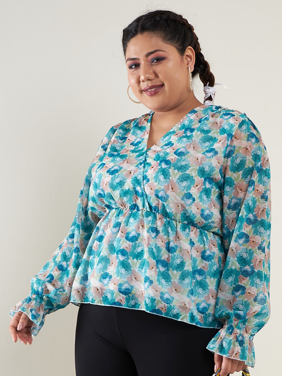 

SASSAFRAS Curve Plus Size Floral Printed Cuffed Sleeves Empire Top, Teal