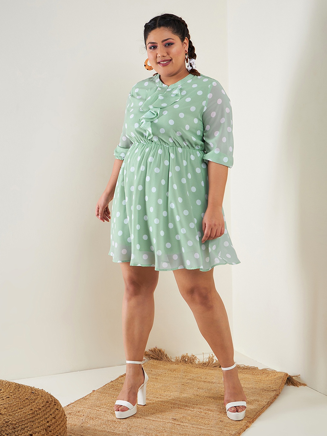 

SASSAFRAS Curve Plus Size Polka Dots Printed Ruffles A-Line Dress, Sea green