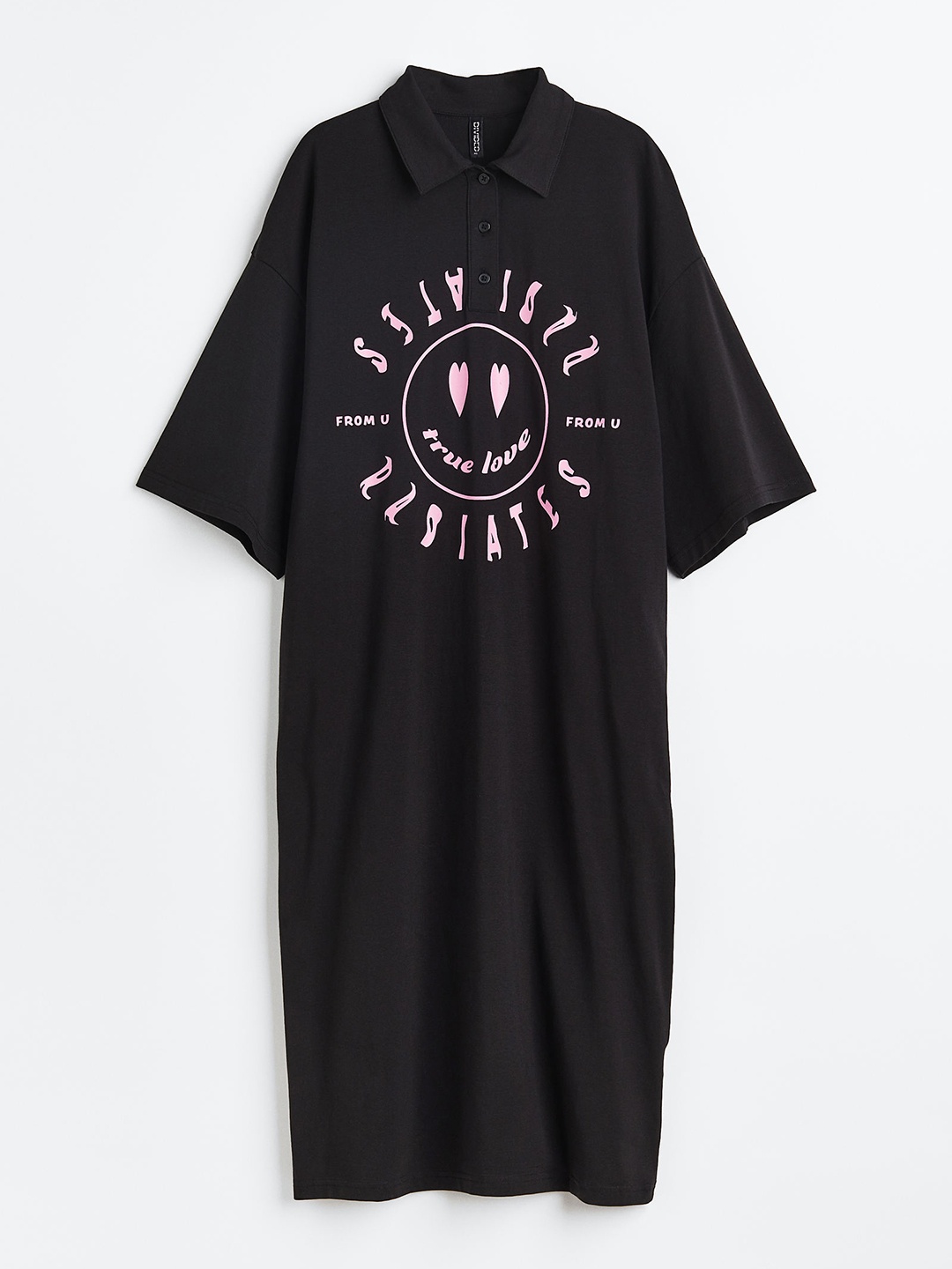 H&M Cotton Oversized Polo Collar Shirt Dress, Black