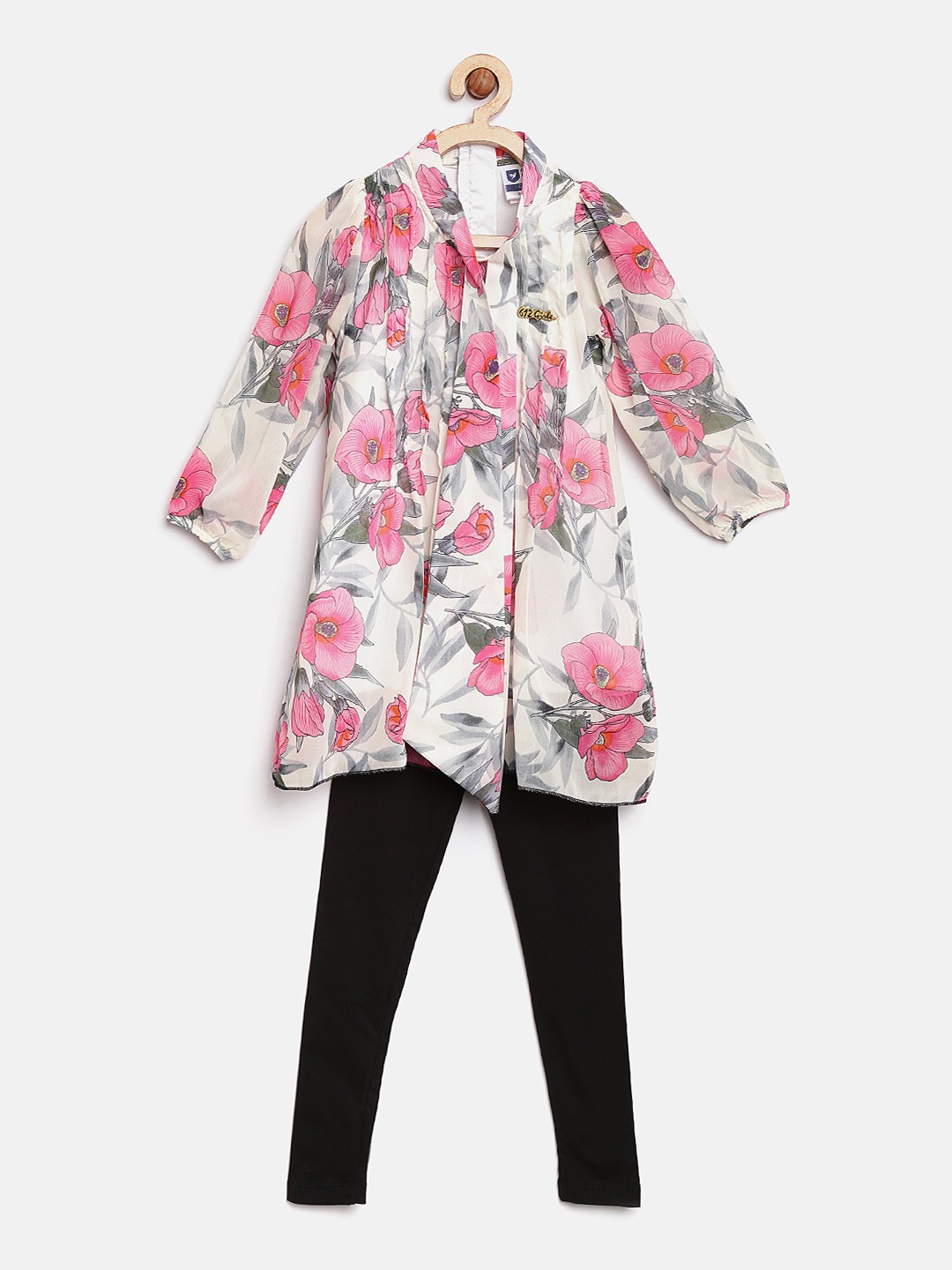 

612 league Girls Off-White & Black Floral Print Clothing Set