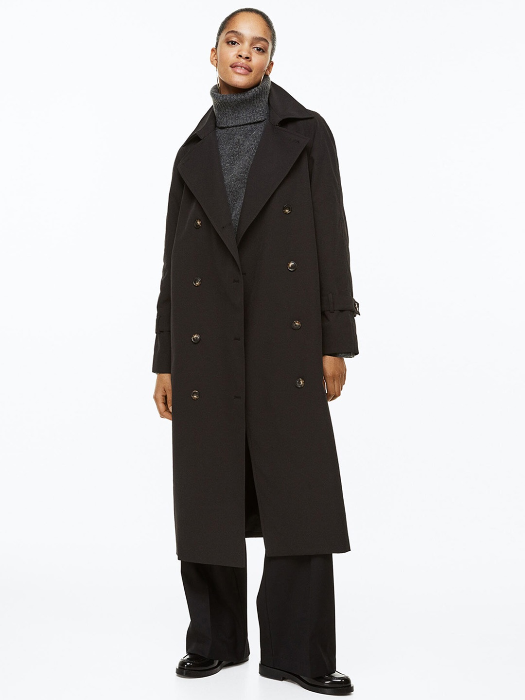 

H&M Double-Breasted Trench Coat, Black