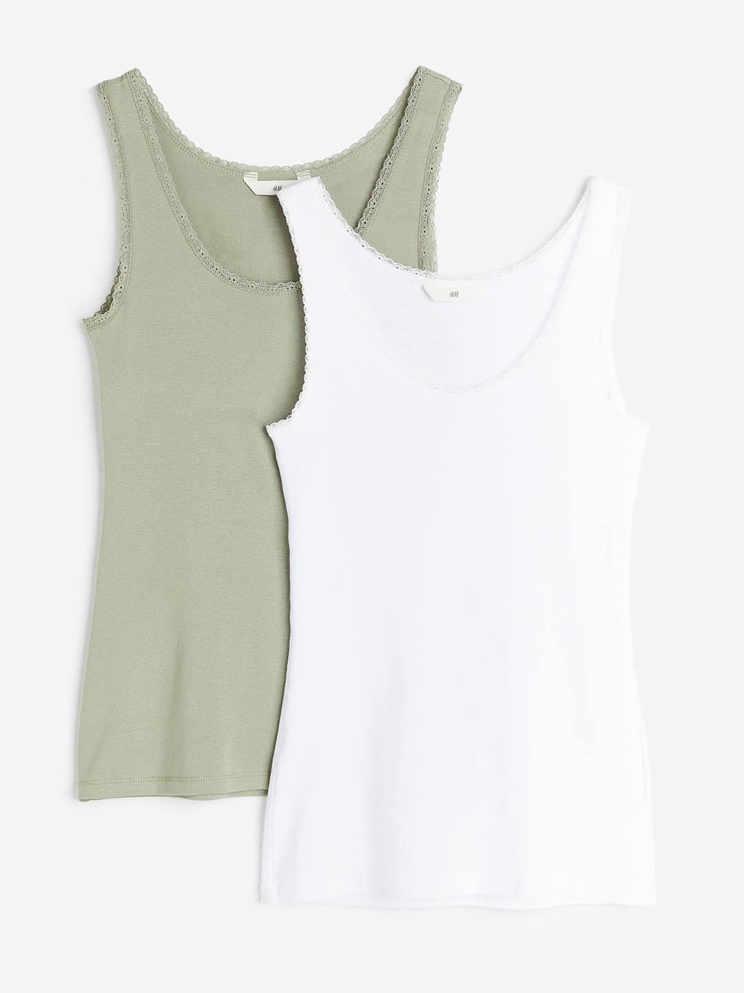 

H&M 2-Pack Lace-Trimmed Vest Tops, Olive