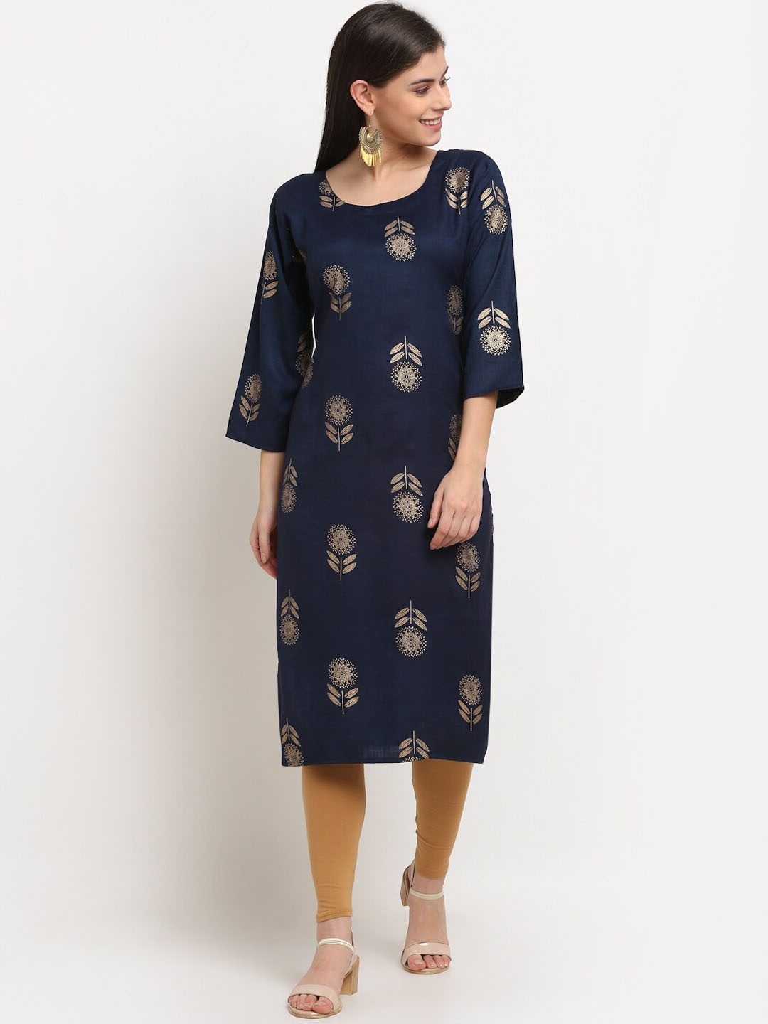 

GRACIT Ethnic Motif Printed Cotton Silk Kurta With Leggings, Navy blue