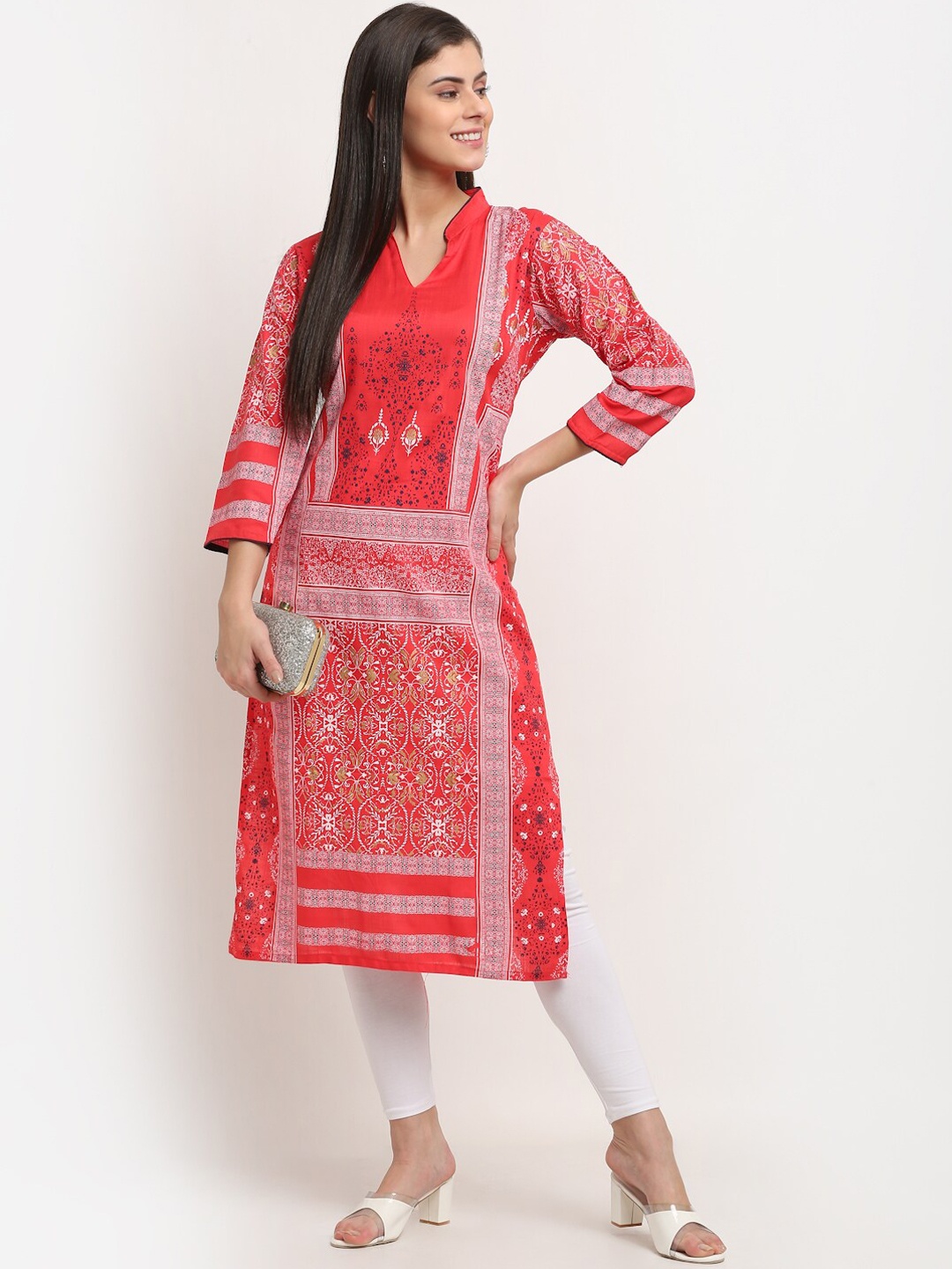 

GRACIT Ethnic Motifs Printed Mandarin collar Kurta With Leggings, Red
