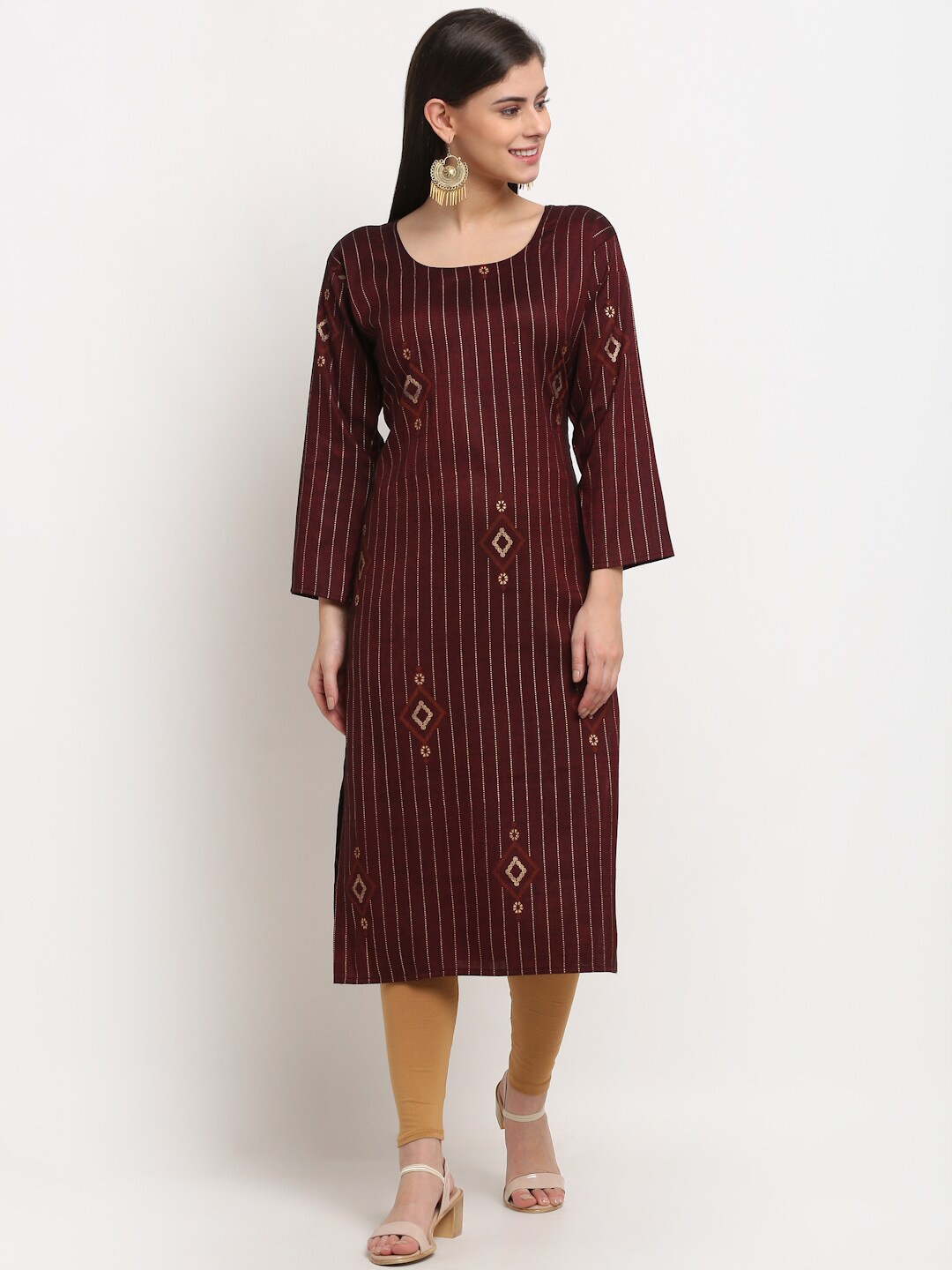 

GRACIT Round Neck Striped Kurta With Leggings, Maroon