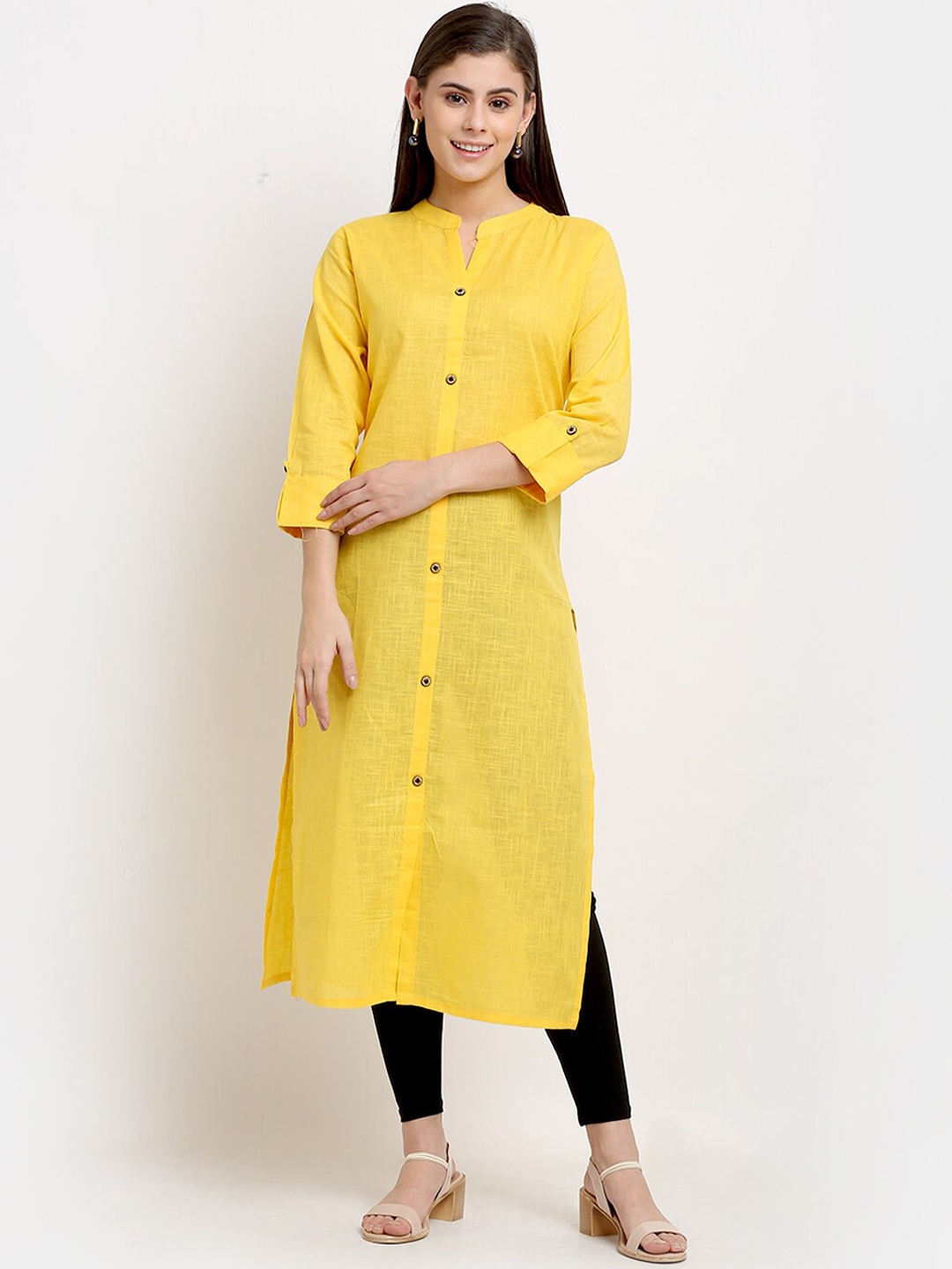 

GRACIT Women Band Collar Cotton Straight Kurta, Yellow