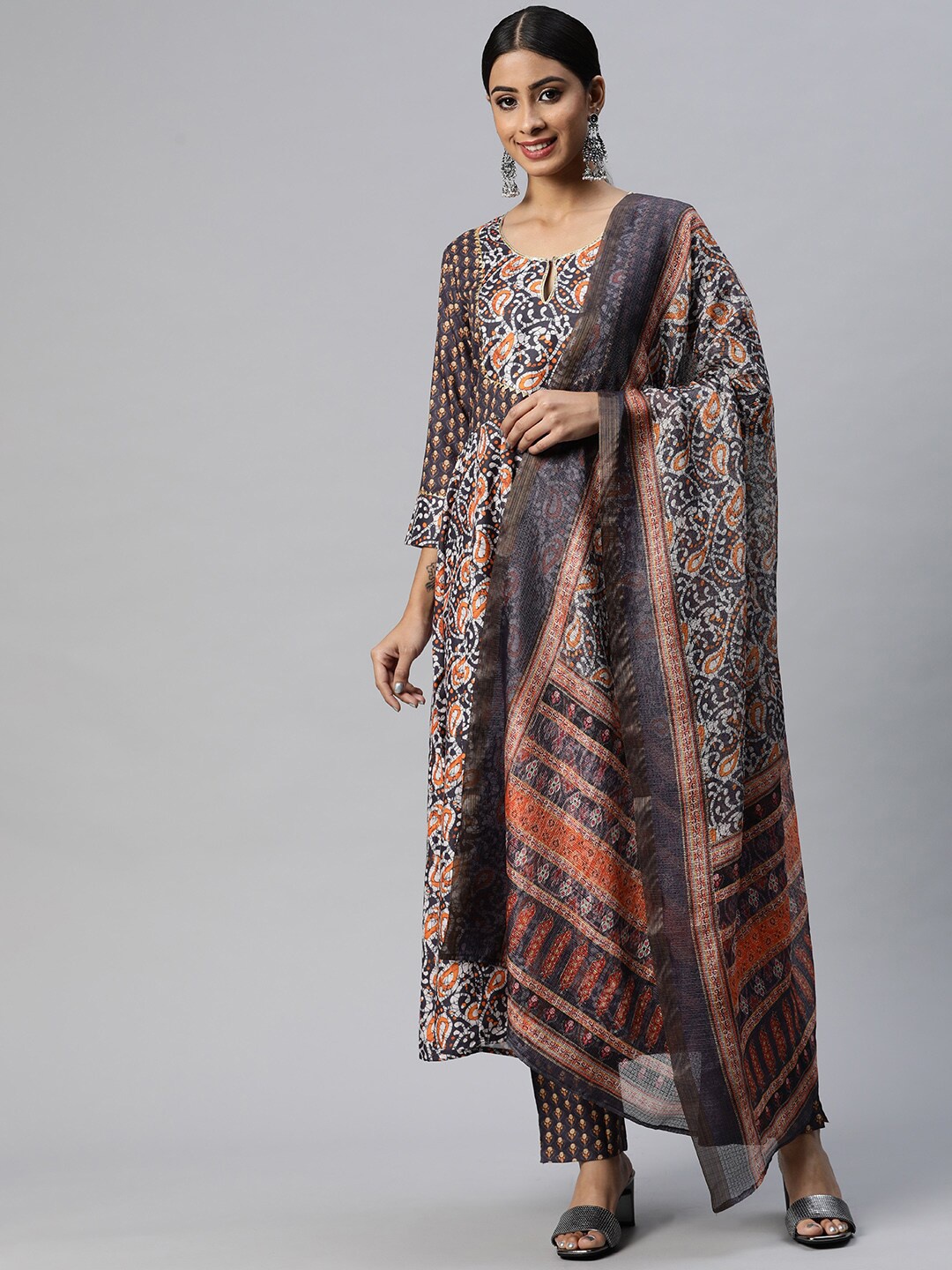 

mokshi Ethnic Motifs Printed Keyhole Neck Linen Anarkali Kurta with Trousers & Dupatta, Grey