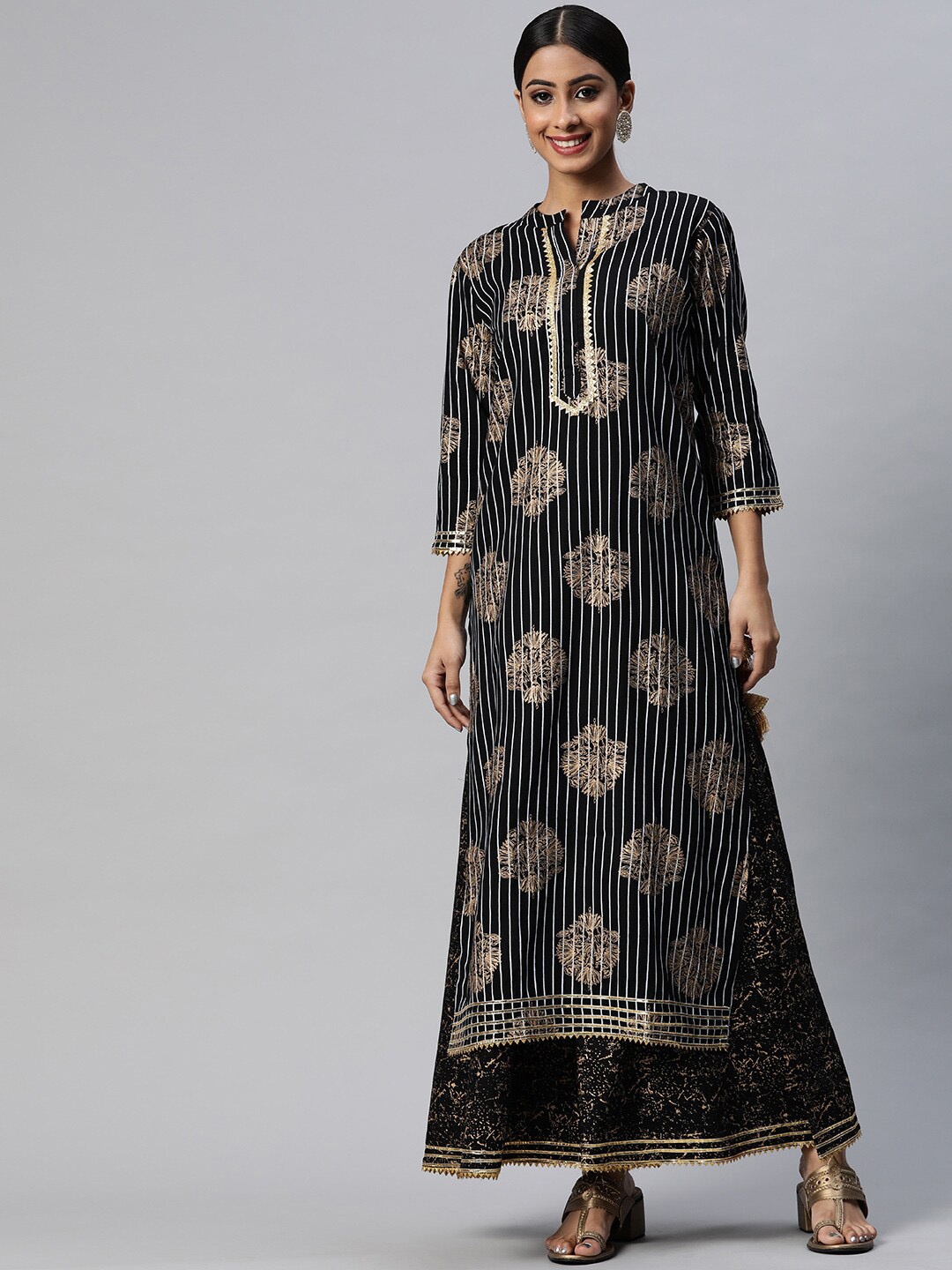 

mokshi Striped Band Collar Gotta Patti Kurta with Skirt, Black
