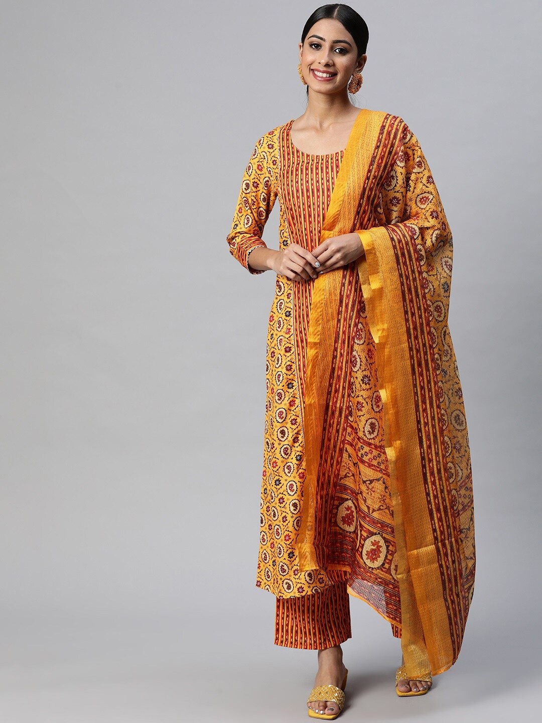 

mokshi Ethnic Motifs Printed Linen Kurta with Palazzos & Dupatta, Orange